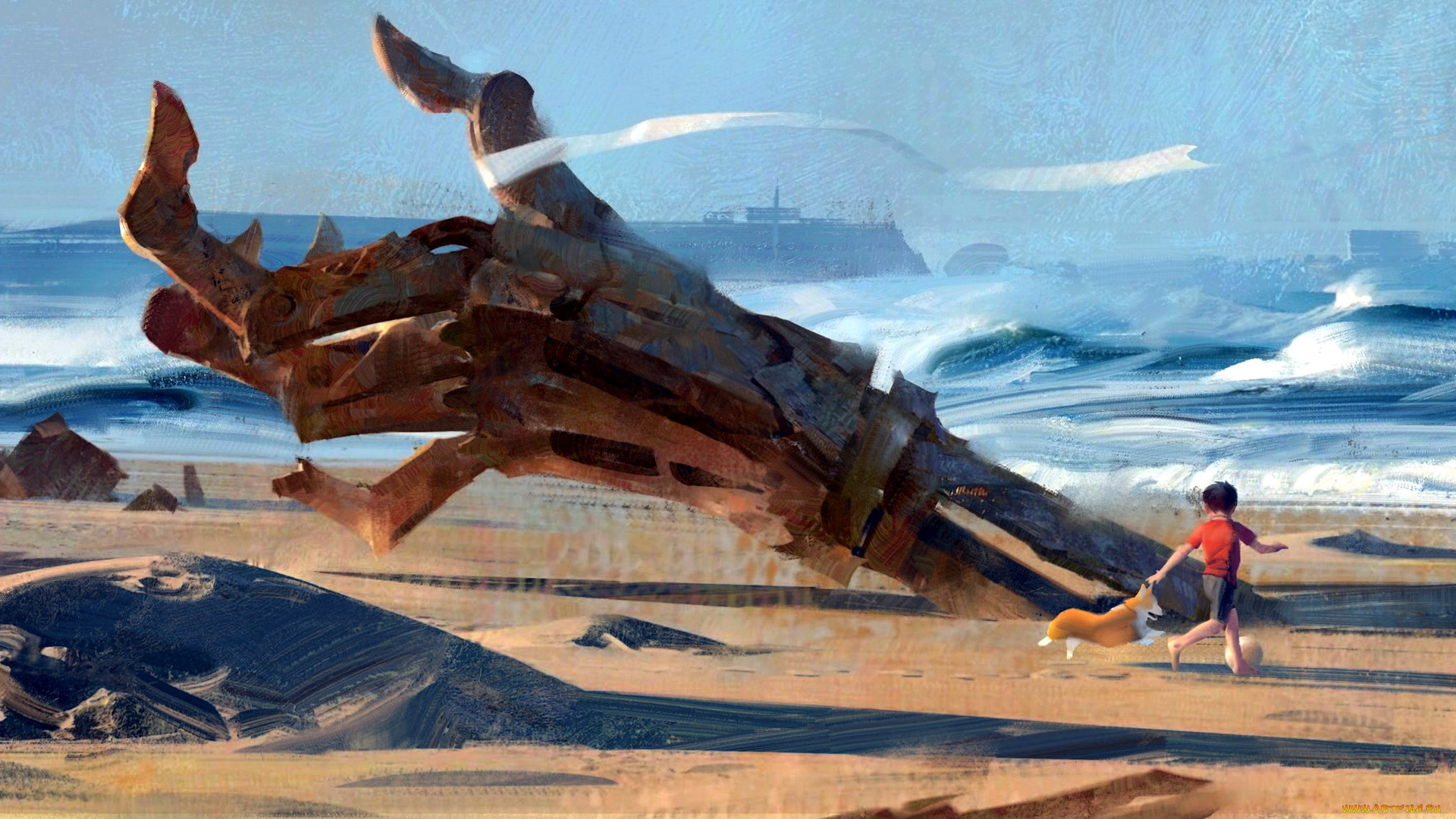 фэнтези, роботы, , киборги, , механизмы, рука, собака, мальчик, море, лента