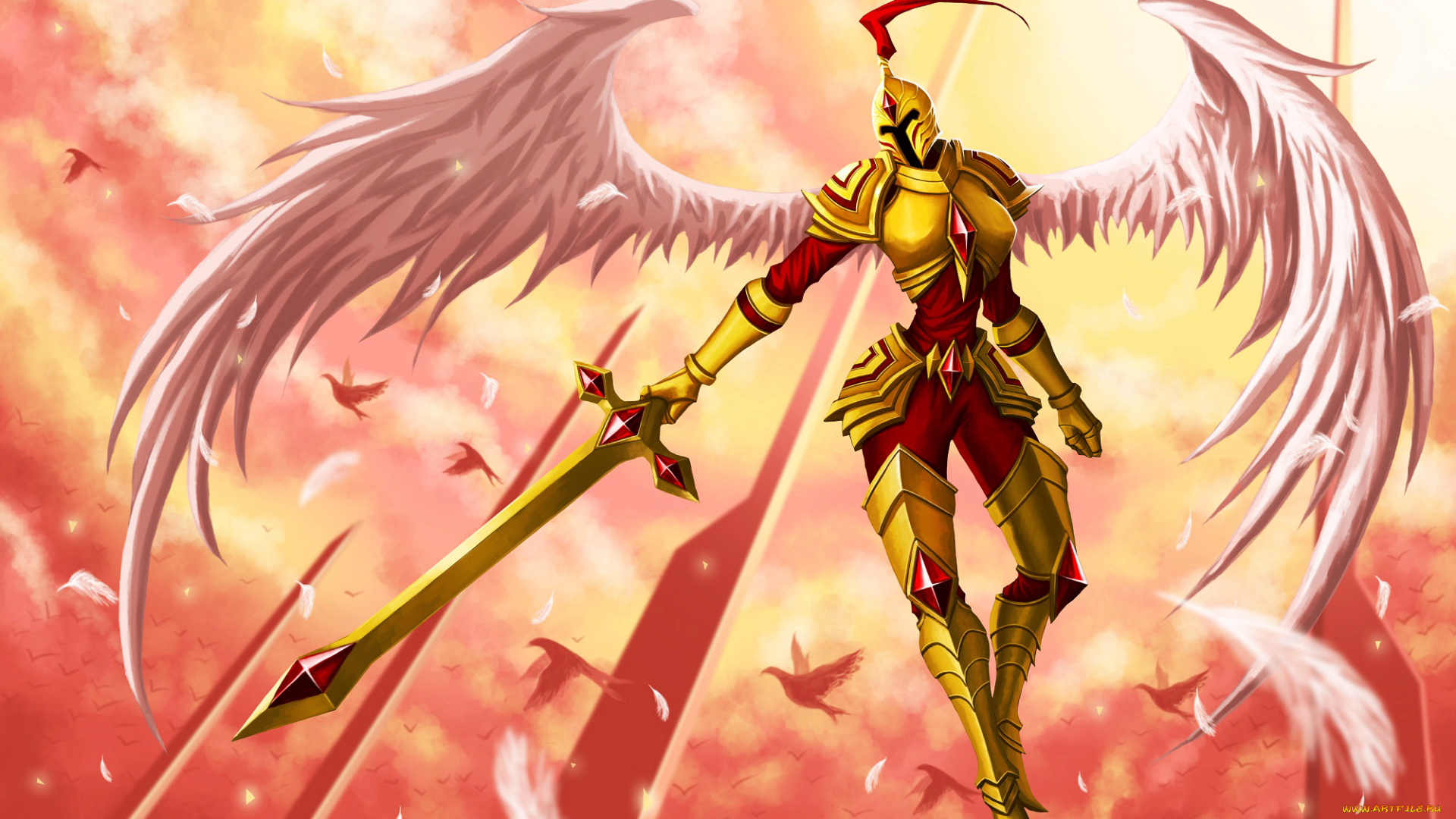 видео, игры, league, of, legends, девушка, крылья, фон, латы, меч