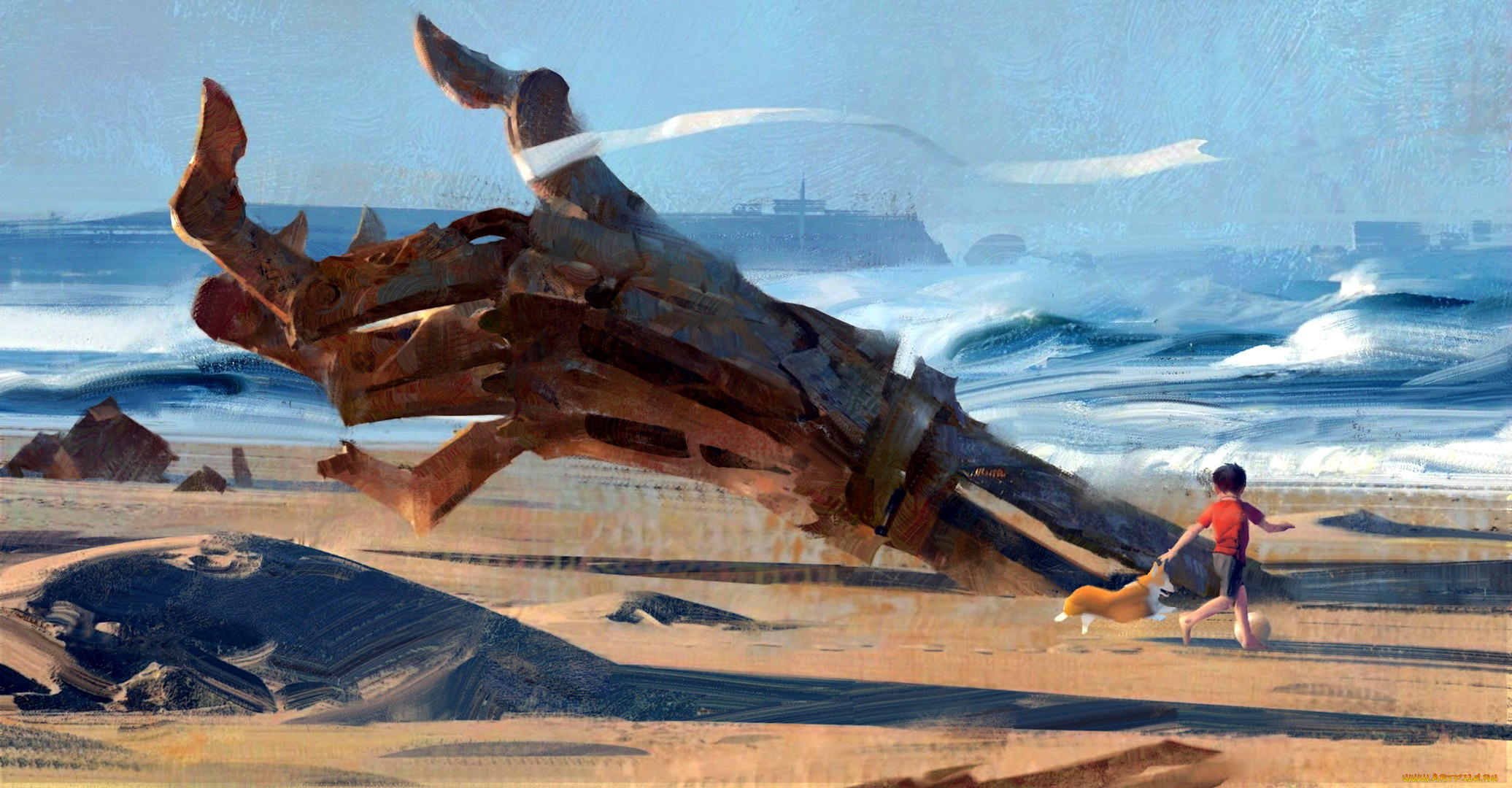 фэнтези, роботы, , киборги, , механизмы, рука, собака, мальчик, море, лента