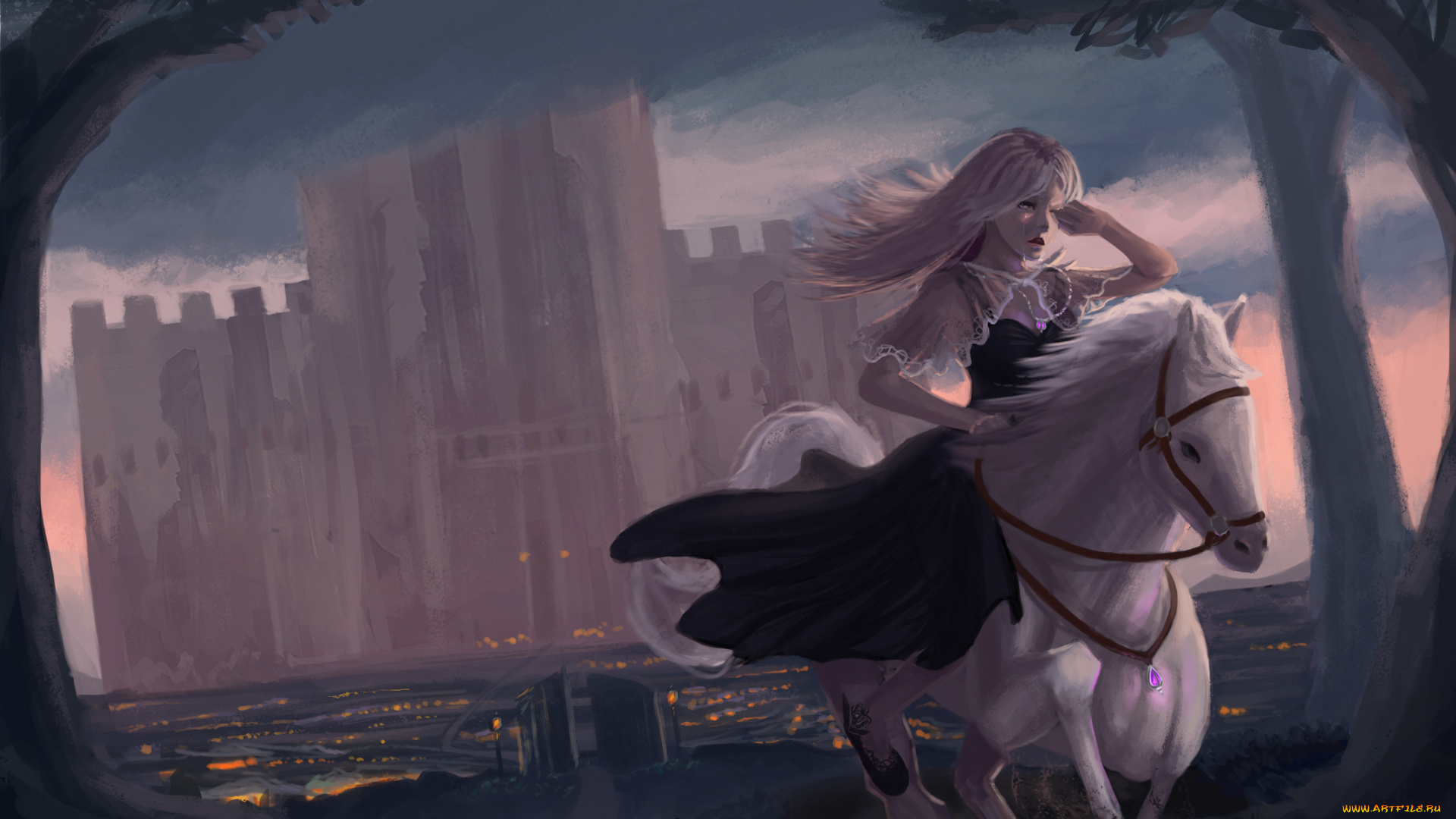 фэнтези, люди, замок, конь, девочка, фон