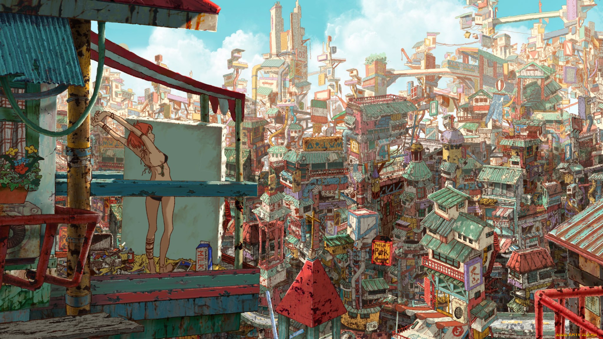 рисованное, города, девушка, утро, город, дома