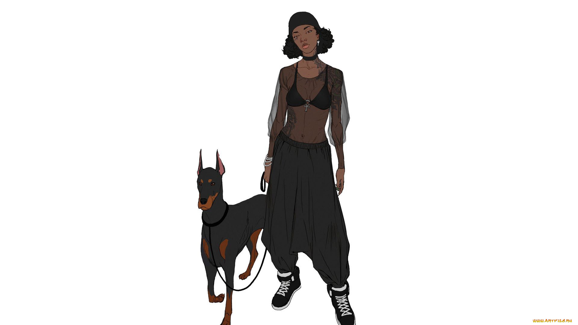 рисованное, люди, девушка, собака