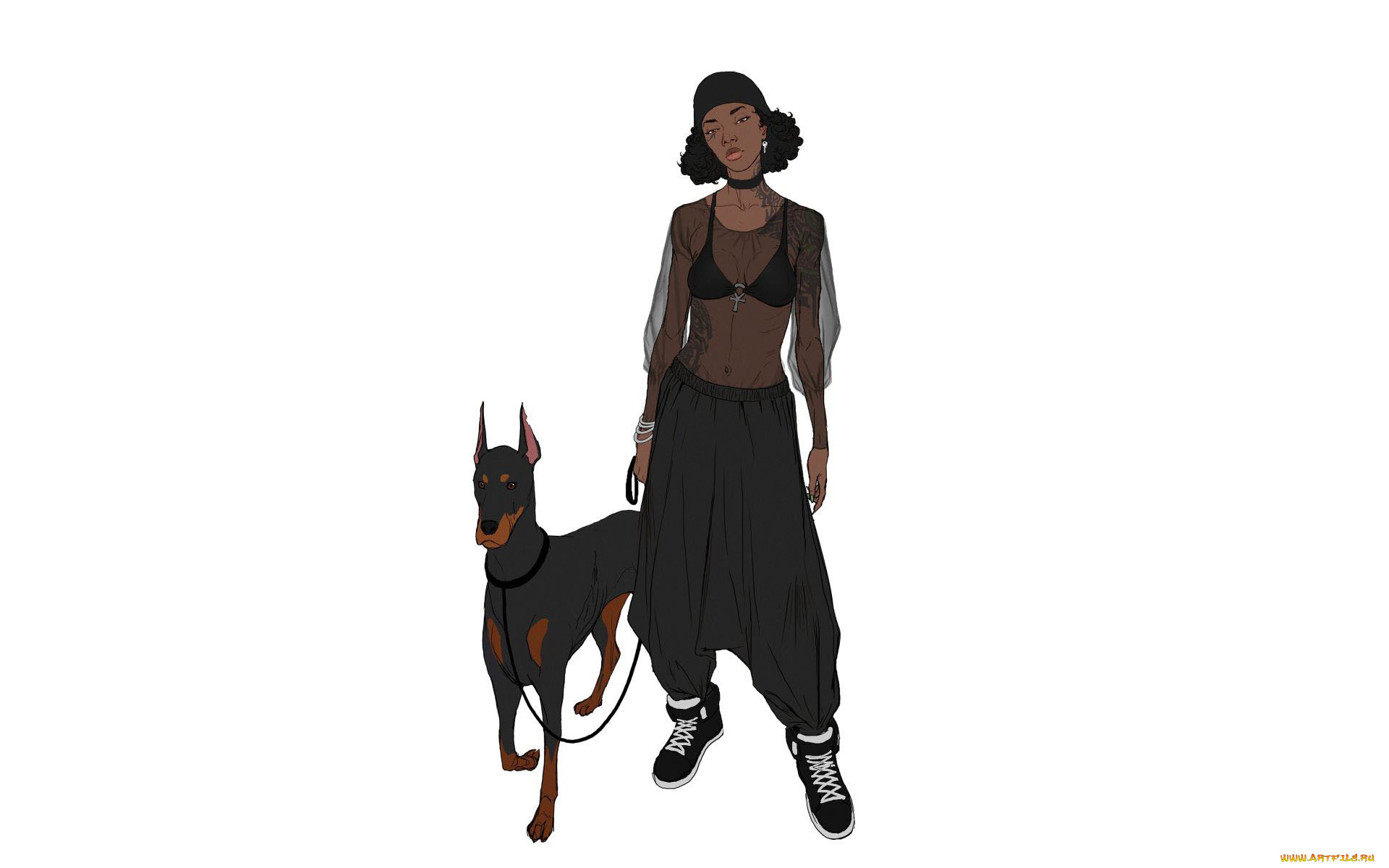 рисованное, люди, девушка, собака