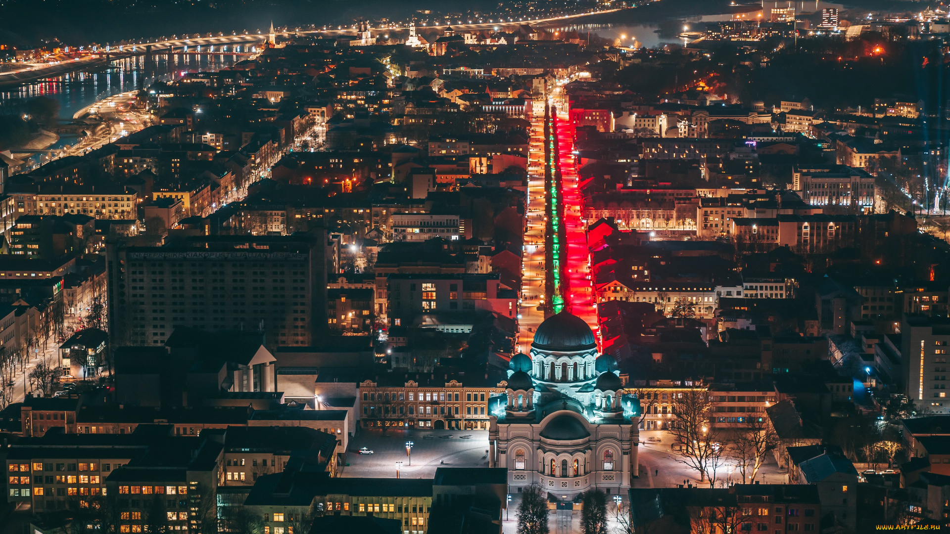 города, каунас, , литва, город, ночь, каунас