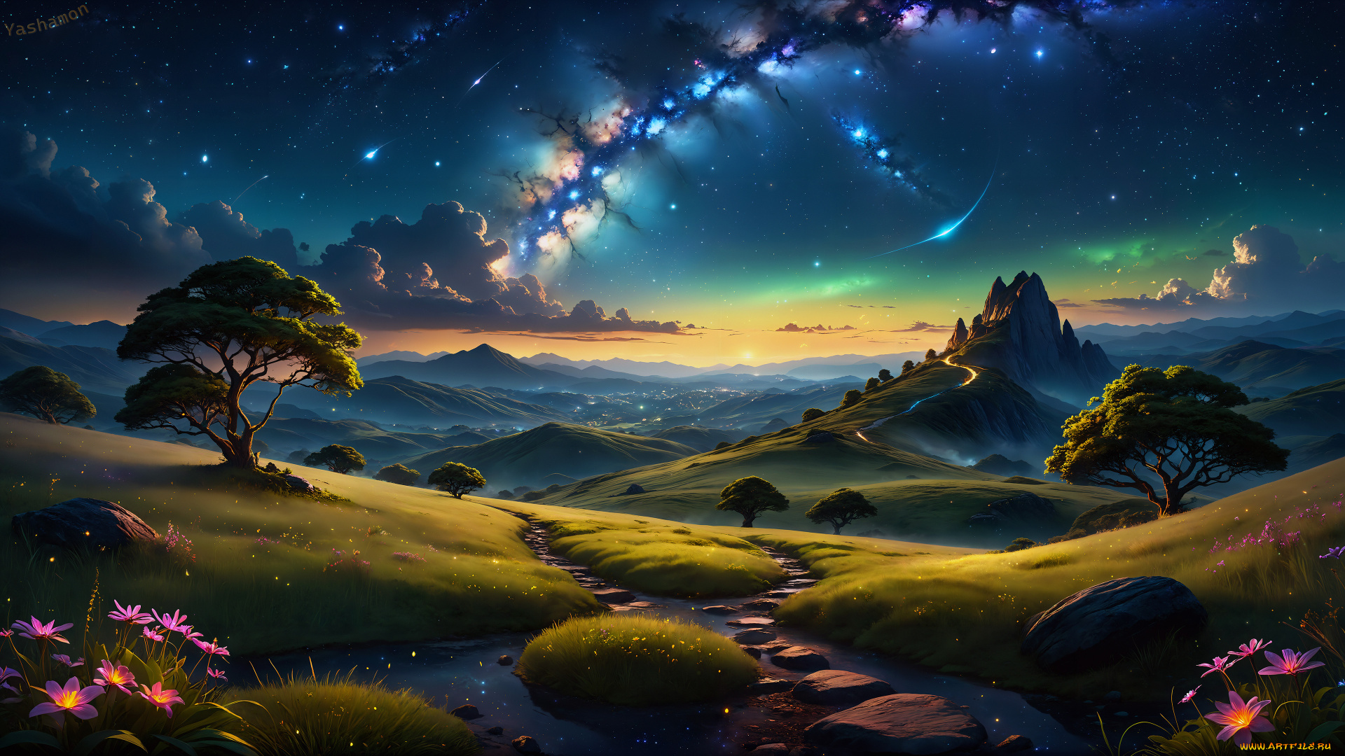 фэнтези, иные, миры, , иные, времена, starry, sky, landscape, dreamlike, surreal, ai, art, dawn, nature