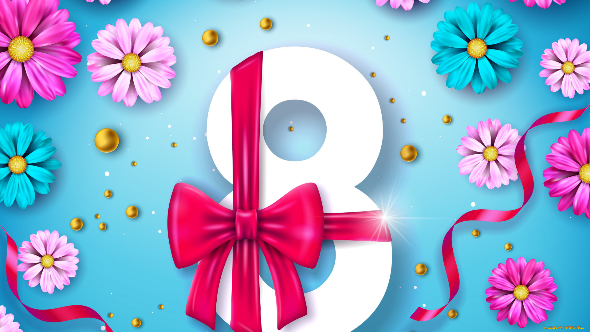 праздничные, международный, женский, день, -, 8, марта, восьмерка, лента, цветы