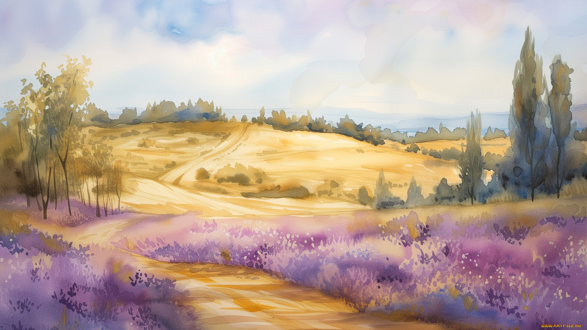 рисованное, природа, дорога, поле, лето, облака, деревья, пейзаж, цветы