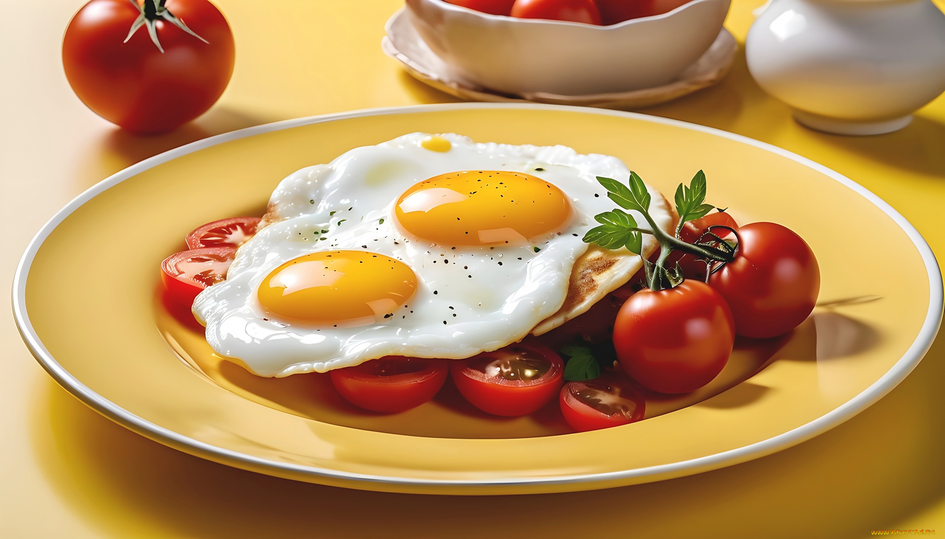 3д, графика, еда-, food, помидоры, глазунья