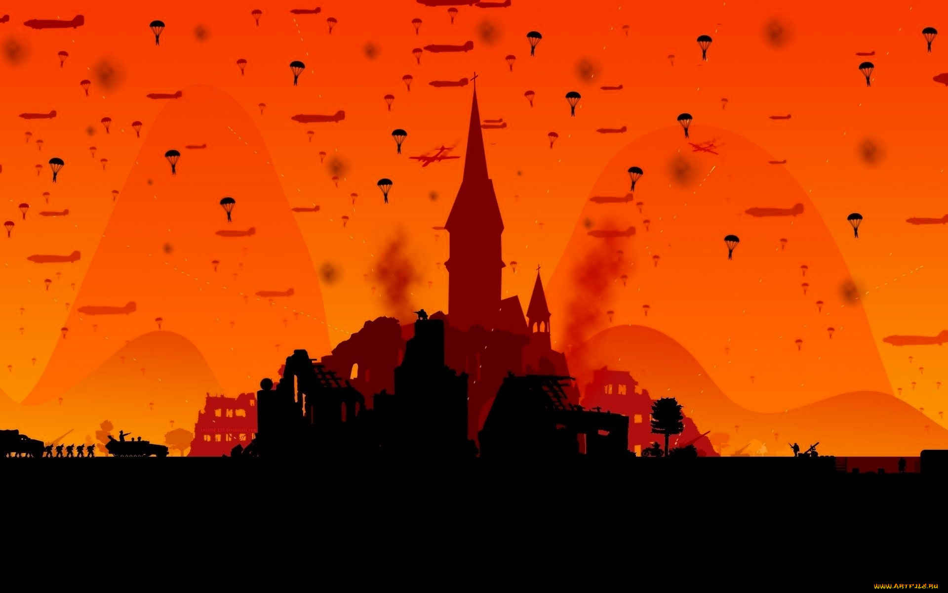 векторная, графика, город, , city, десант, армия, город, силуэты