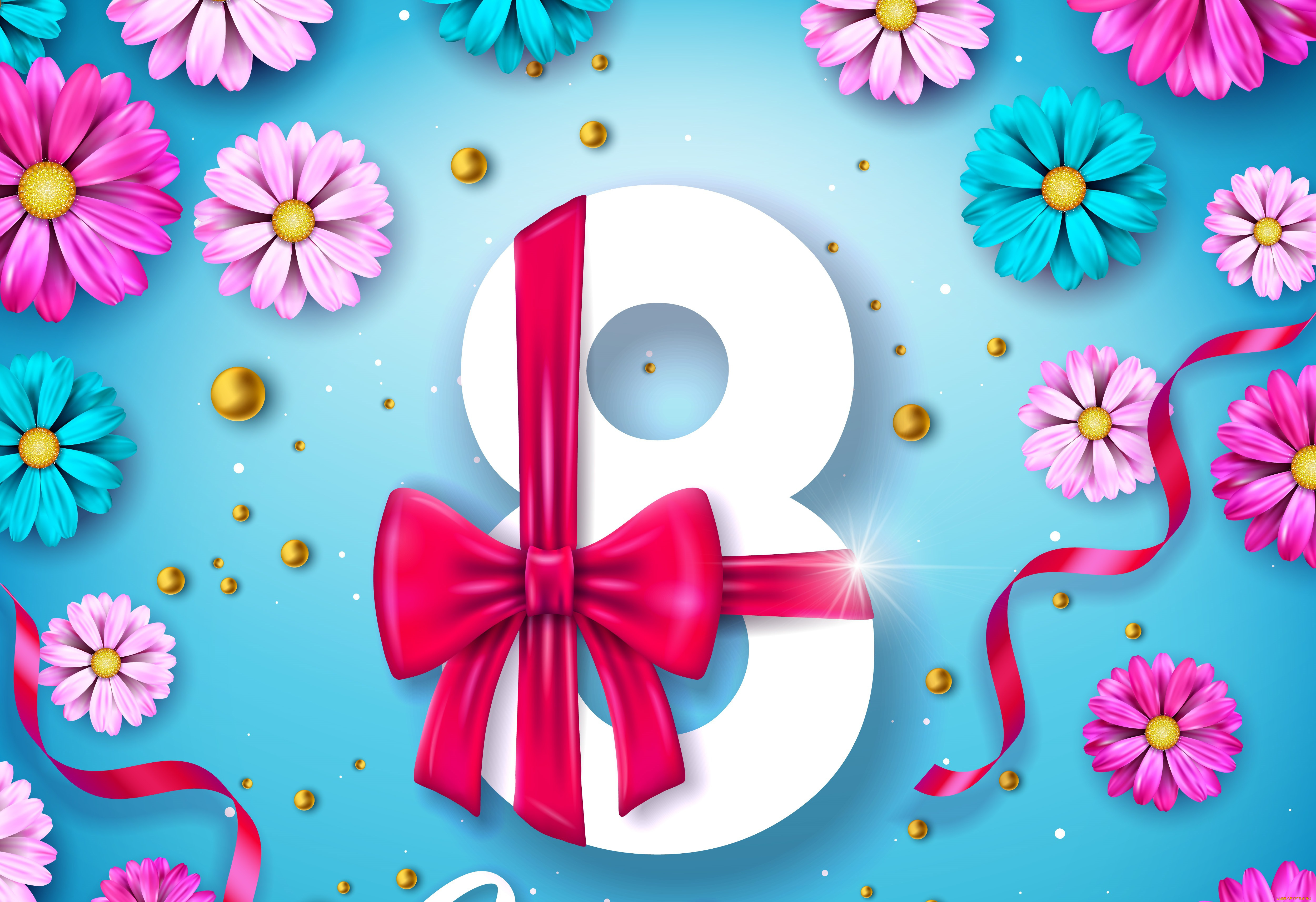 праздничные, международный, женский, день, -, 8, марта, восьмерка, лента, цветы