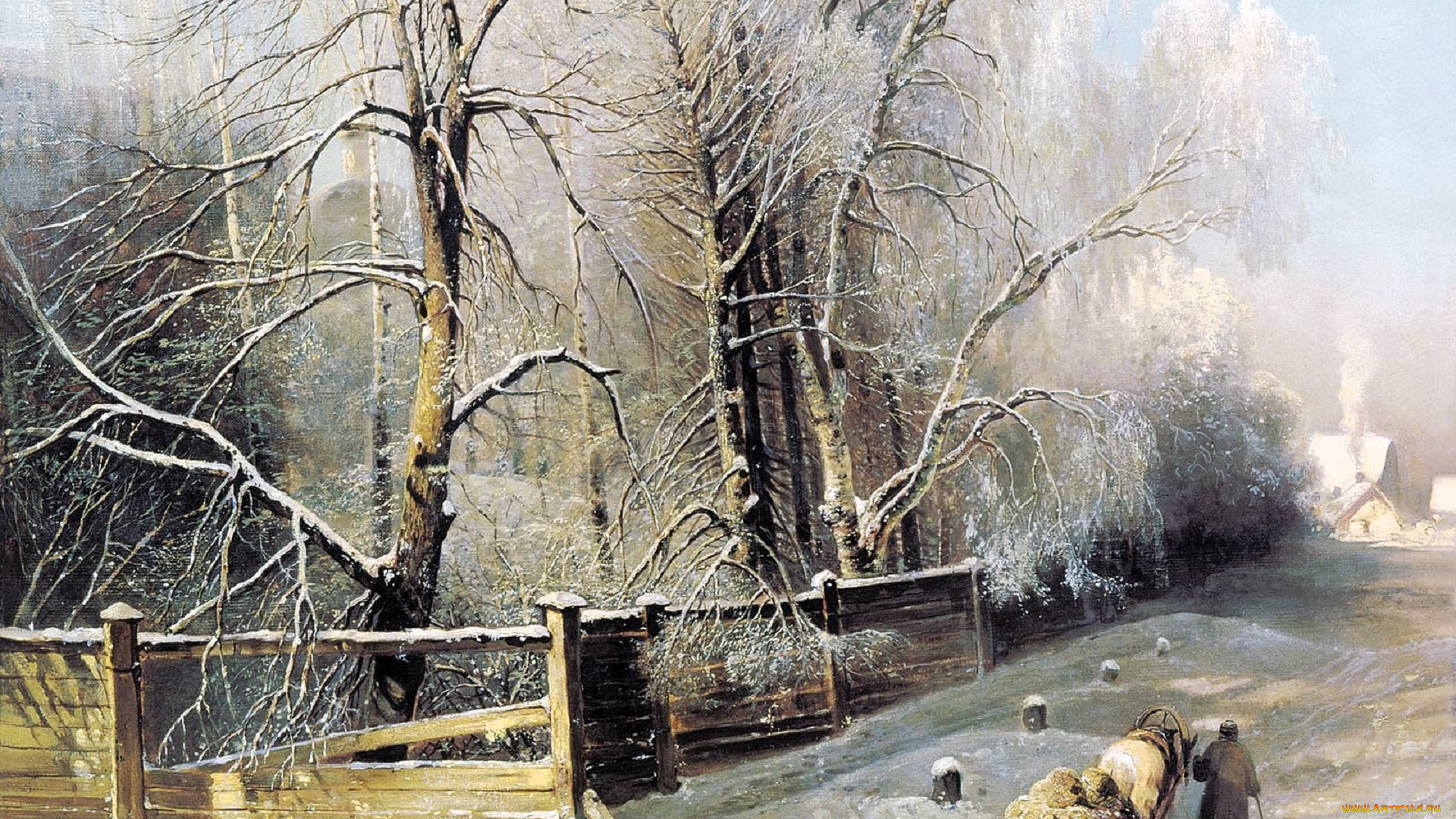 алексей, саврасов, рисованное, деревья, забор, снег, повозка