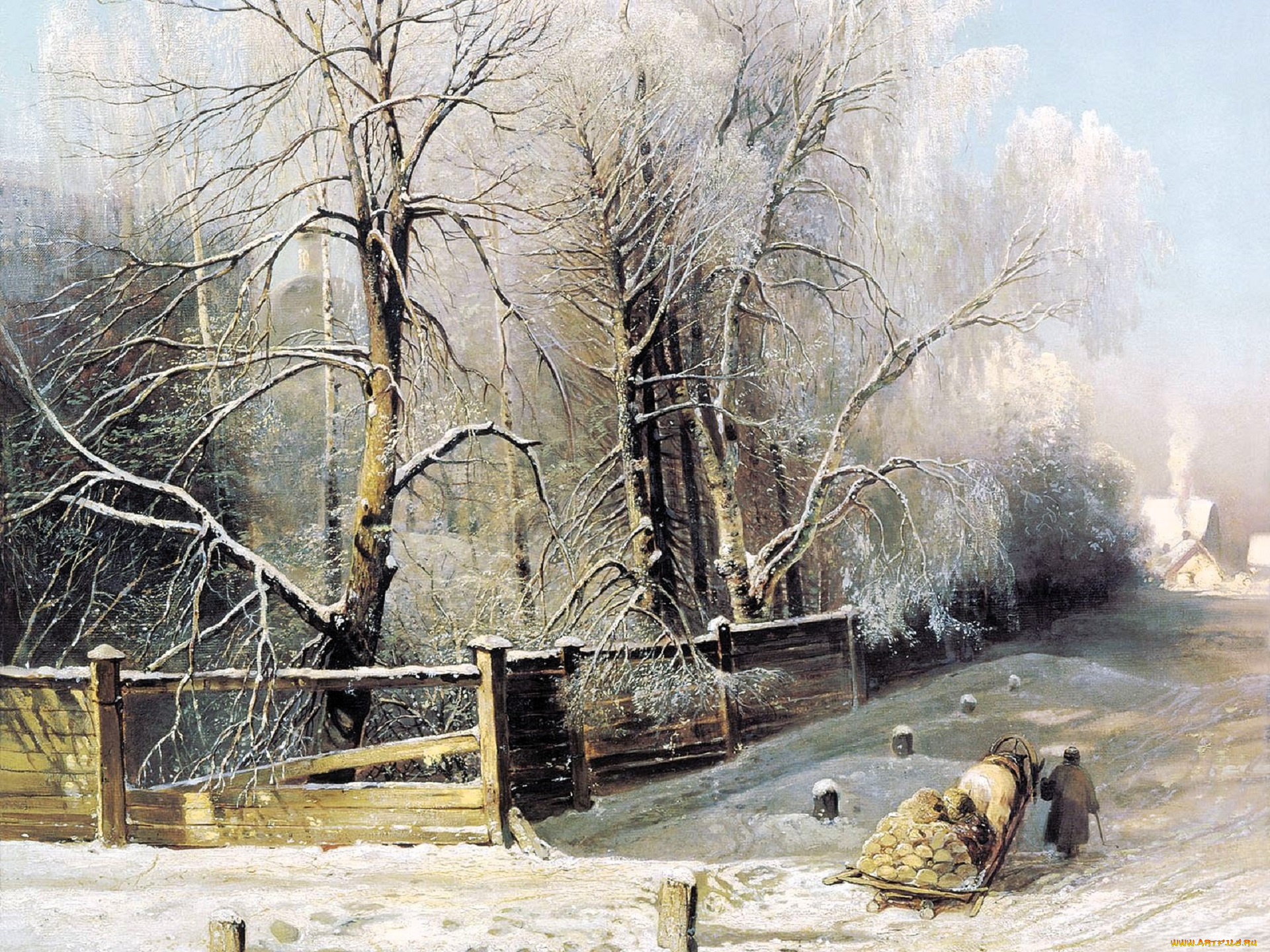 алексей, саврасов, рисованное, деревья, забор, снег, повозка