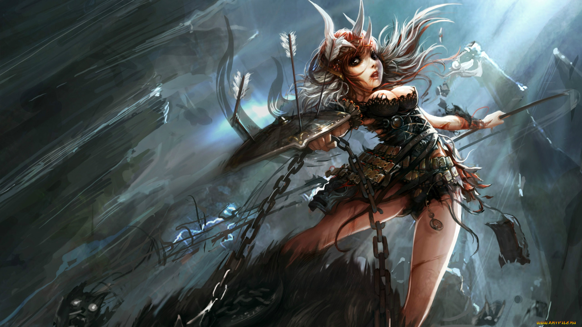 lei, chang, фэнтези, девушки, девочка, щит, стрелы, цепь