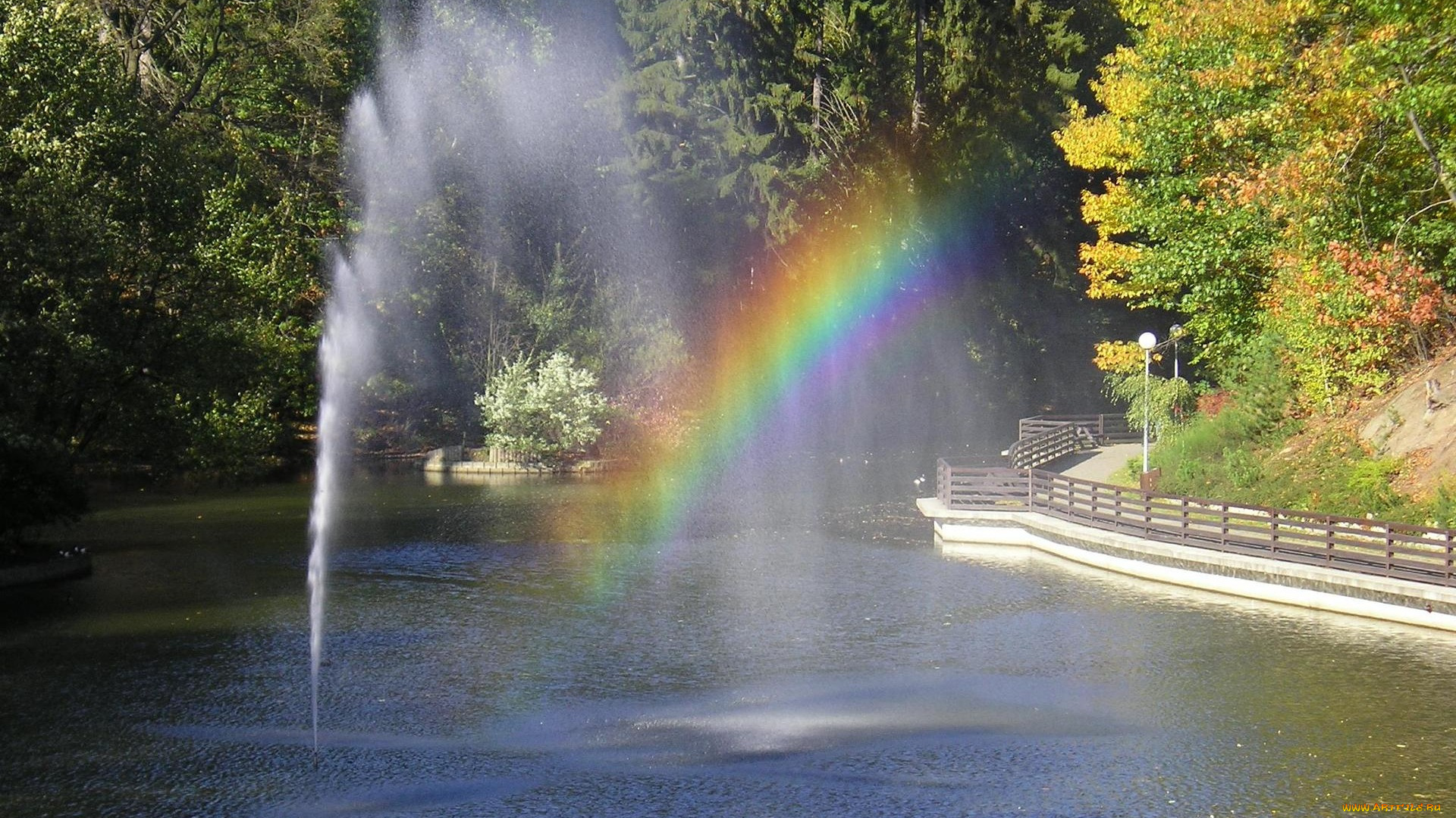 природа, парк, озеро, фонтан, радуга