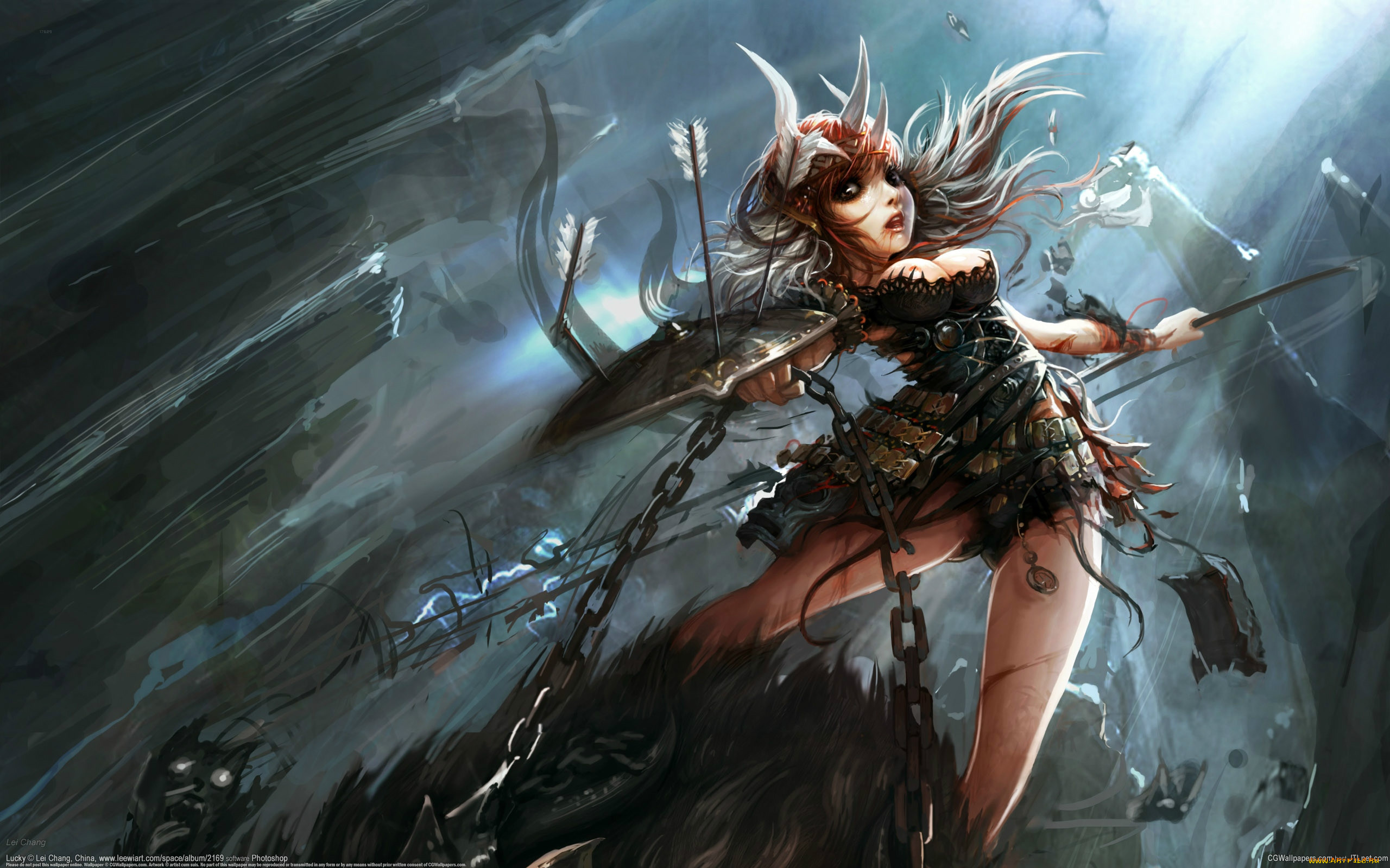 lei, chang, фэнтези, девушки, девочка, щит, стрелы, цепь