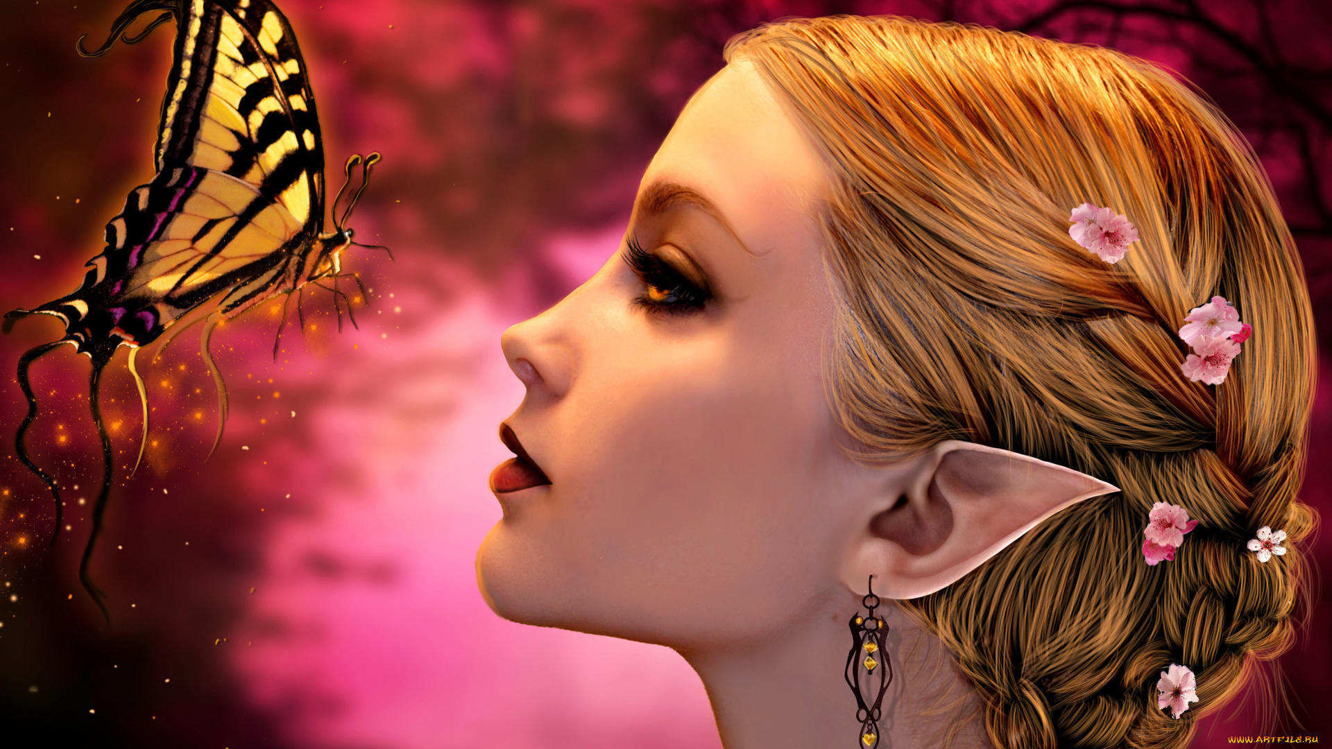 фэнтези, эльфы, эльф, девушка, бабочка, цветы, волосы, уши, серьги, лицо, профиль