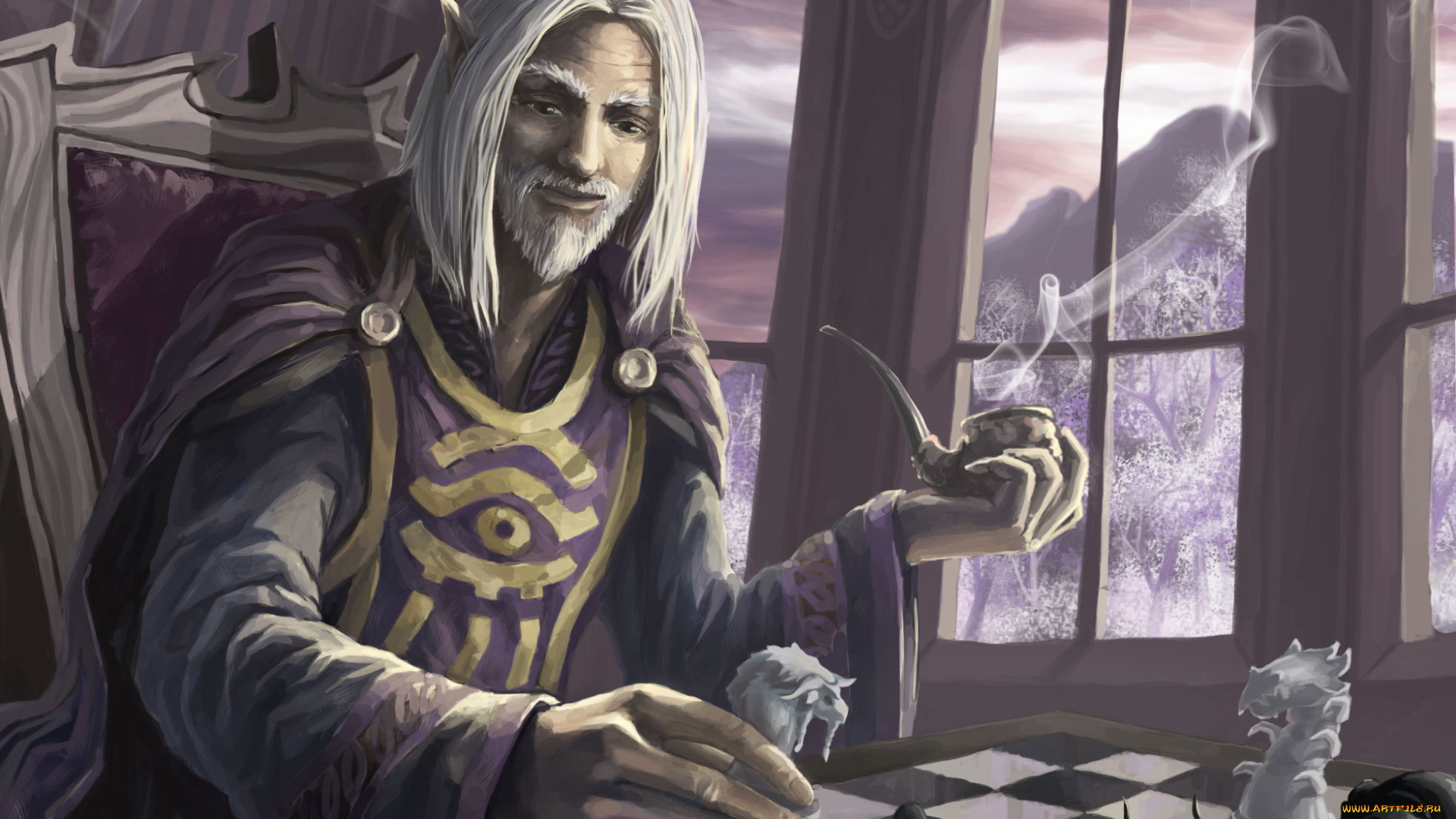 фэнтези, эльфы, мужчина, комната, игра, шахматы, трубка, курит