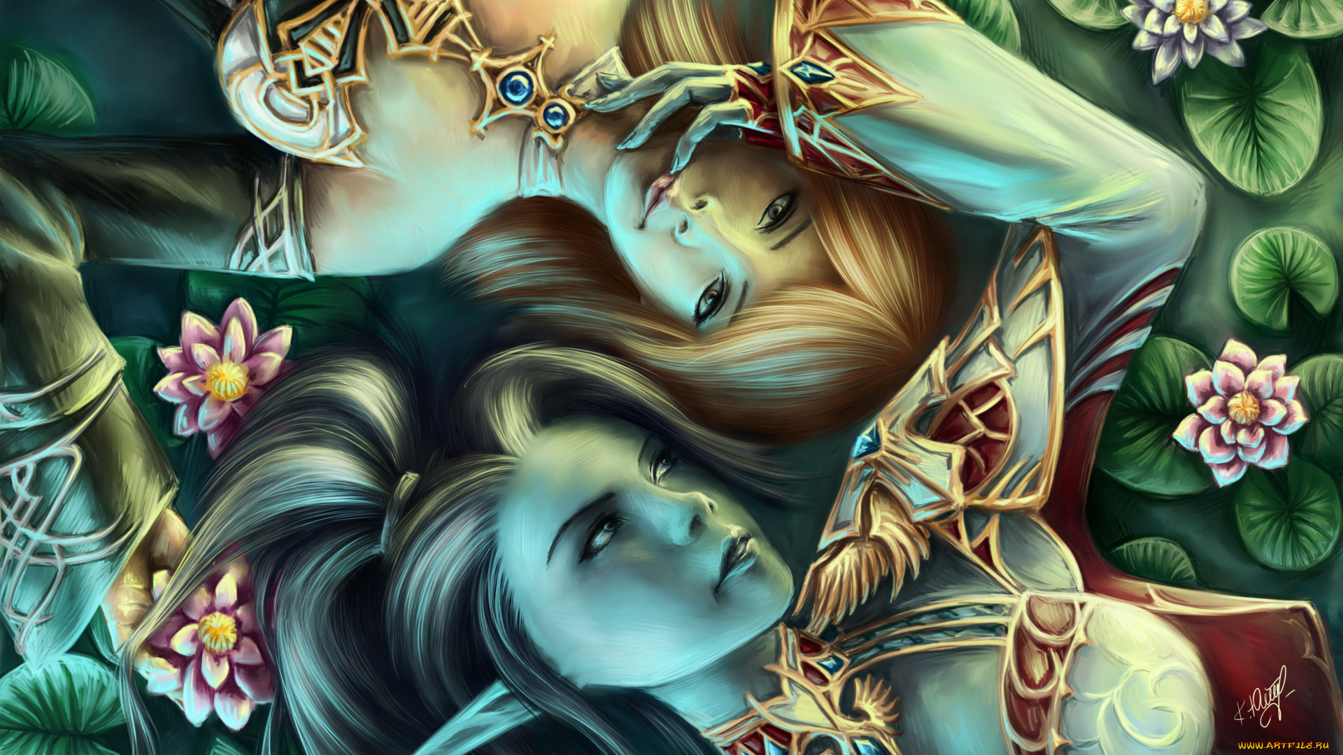 фэнтези, эльфы, руки, взгляд, лица, девушки, цветы, лежат, уши, волосы, эльф