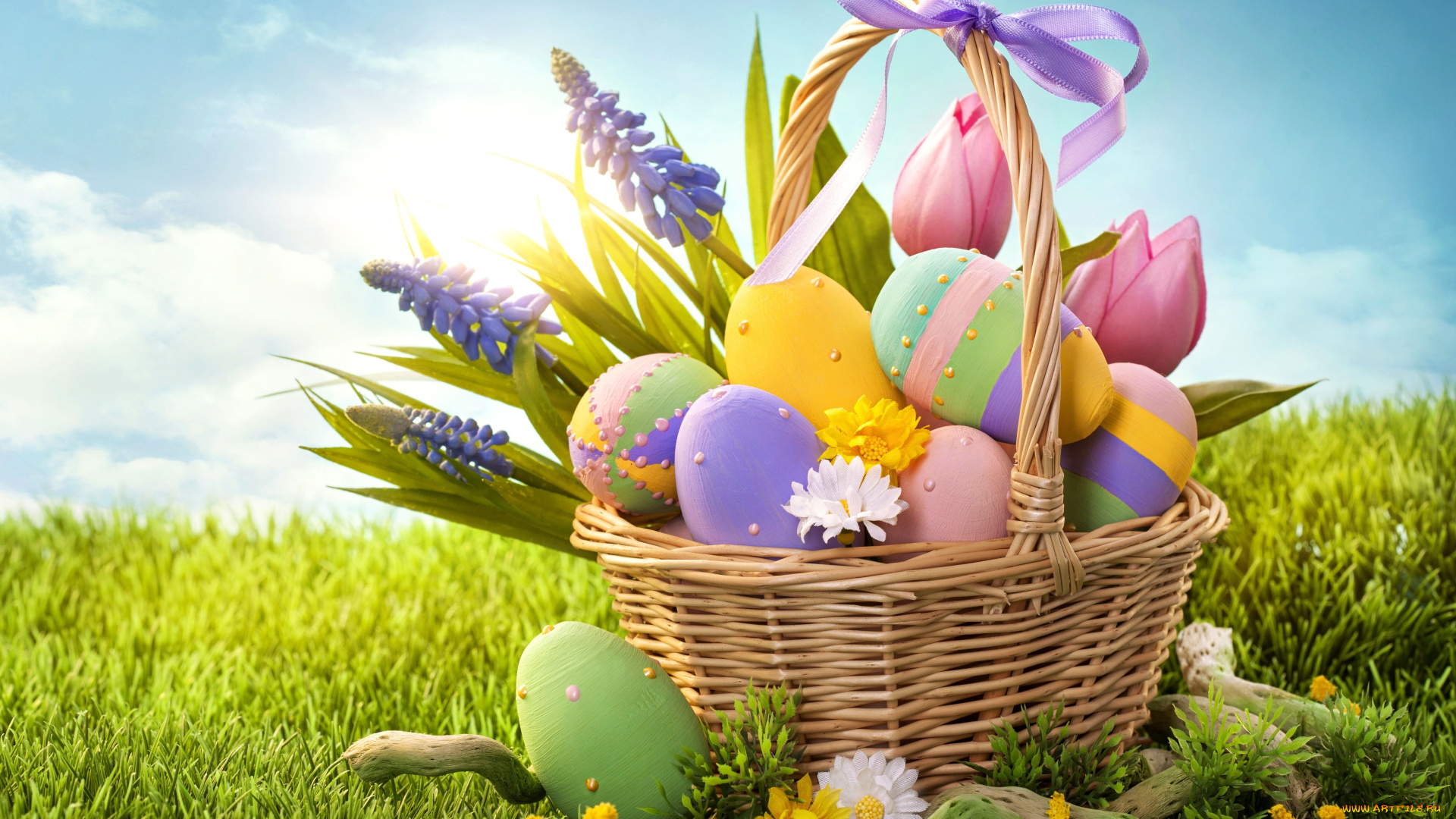 праздничные, пасха, яйца, трава, цветы, корзина, крашенки