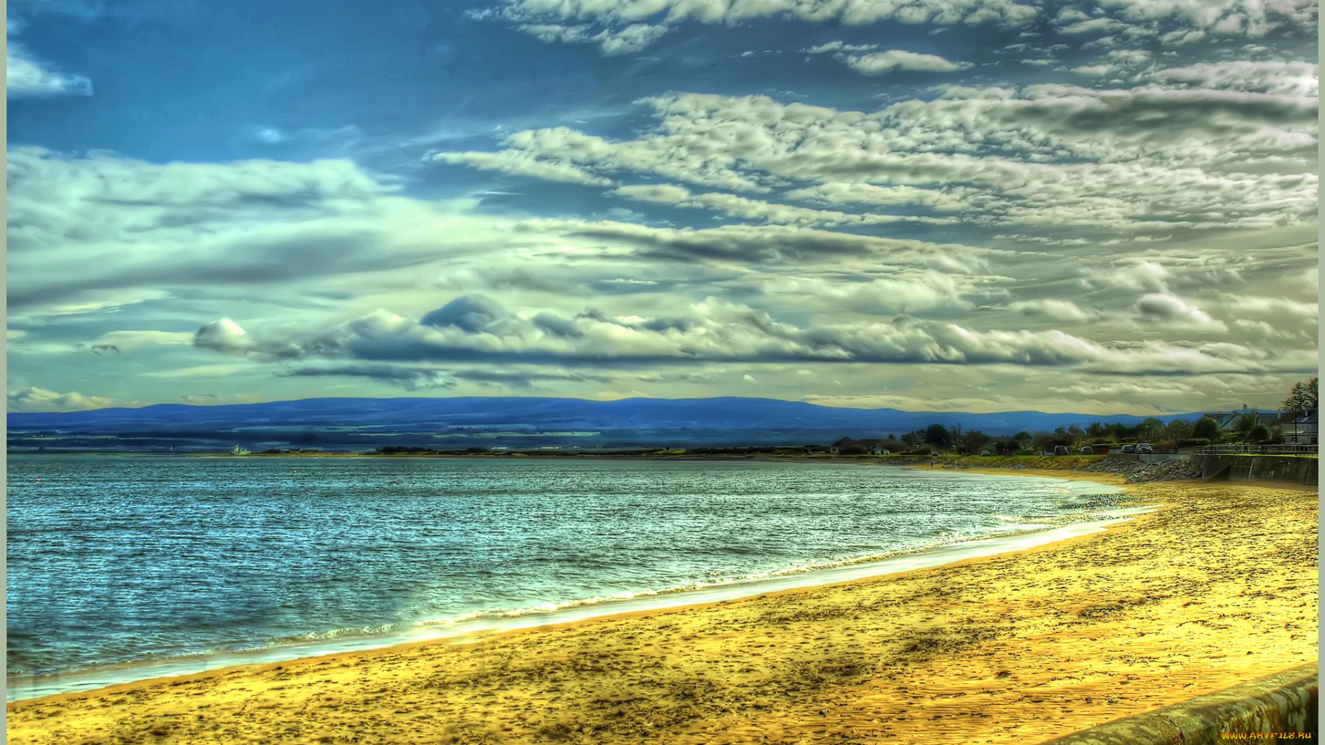 природа, побережье, тучи, песок, пляж, горы, океан