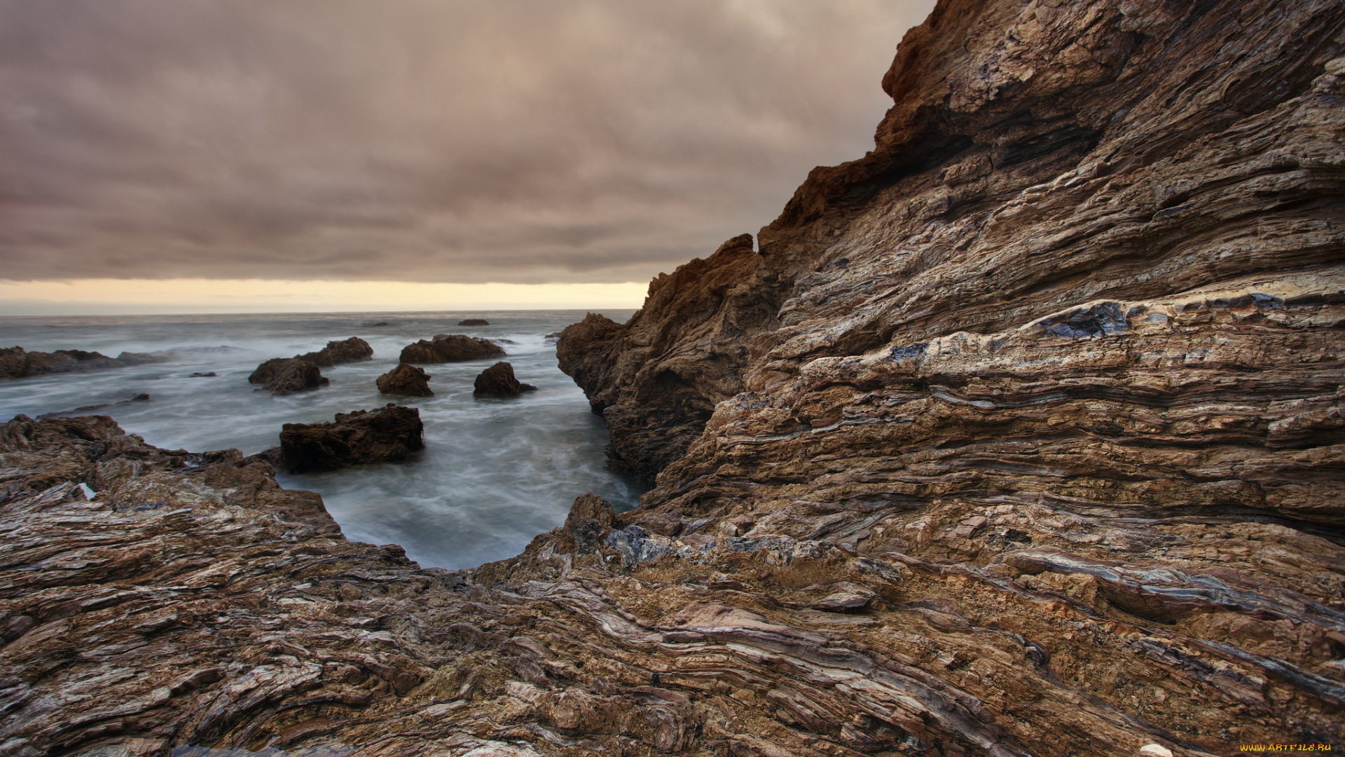природа, побережье, тучи, скалы, океан