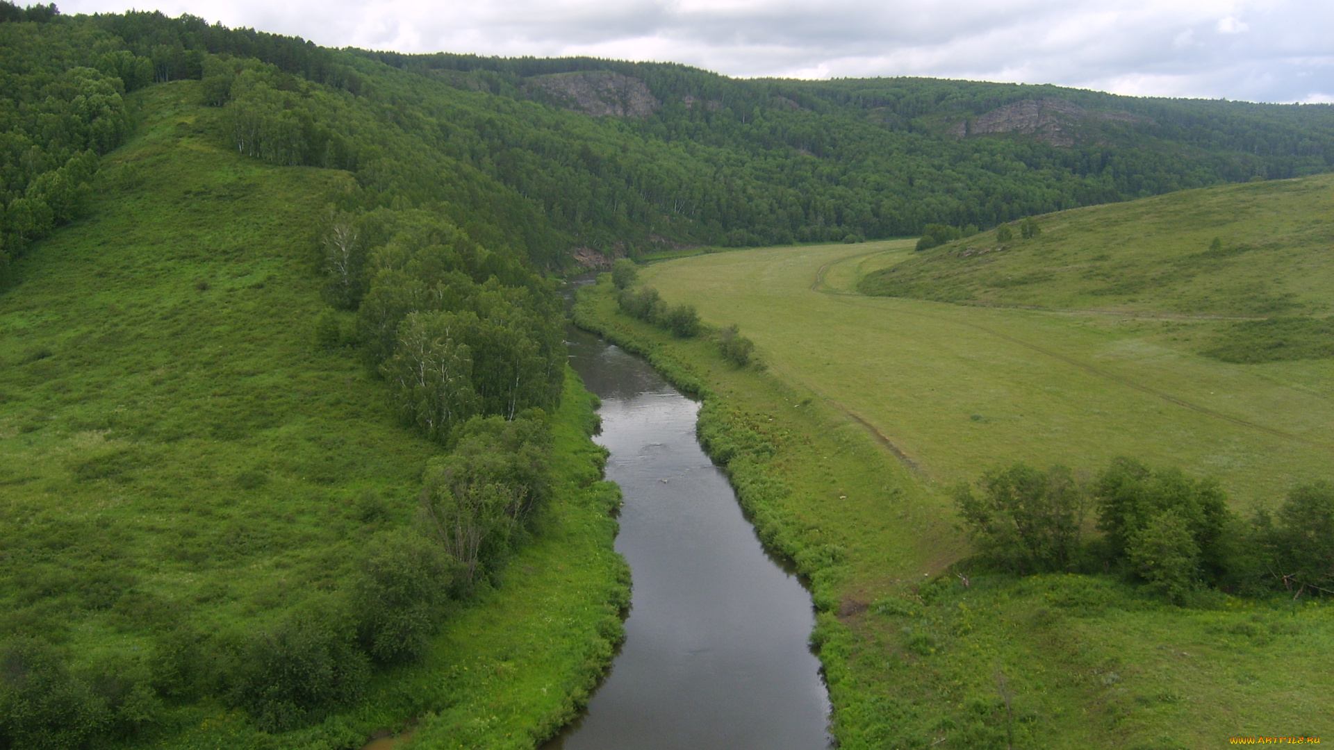 природа, реки, озера, облака, деревья, река, горы, трава