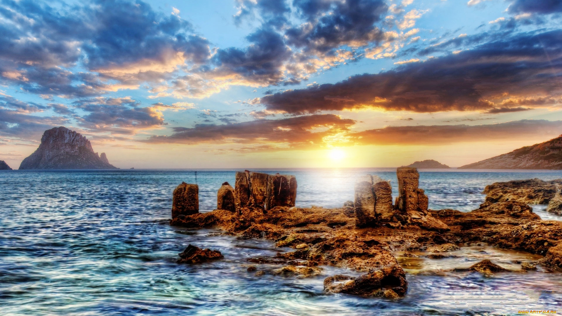 природа, восходы, закаты, камни, тучи, горизонт, горы, океан