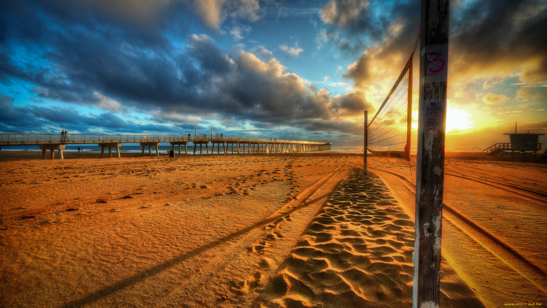 природа, восходы, закаты, мостик, сетка, песок, пляж, океан