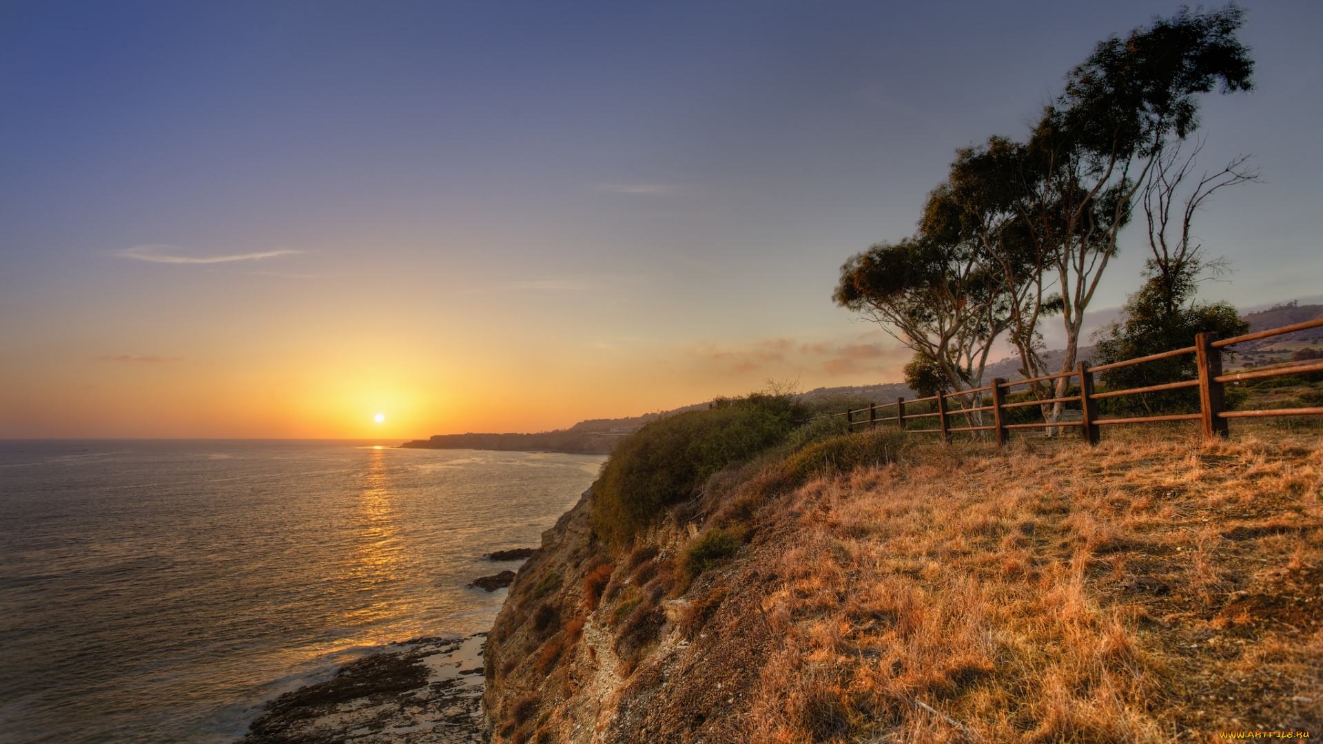 природа, восходы, закаты, солнце, изгородь, поле, океан