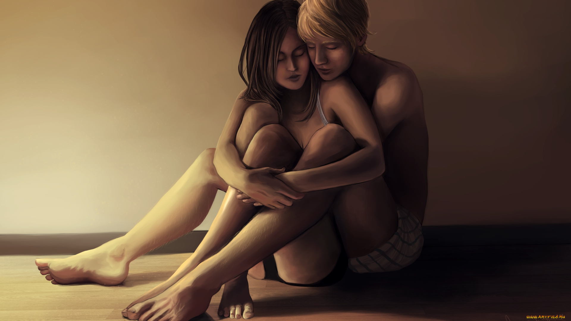 рисованные, люди, девушка, сидят, пол, комфорт, любовь, обнимает, парень