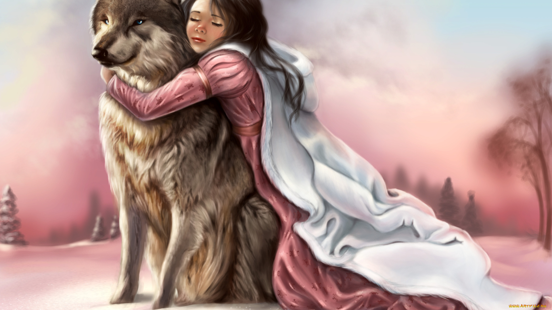 рисованные, люди, следы, небо, зима, снег, лапы, хищник, морда, взгляд, платье, лицо, руки, волк