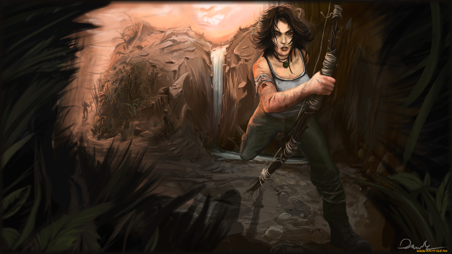 видео, игры, tomb, raider, 2013, арт, lara, croft, лук, водопад