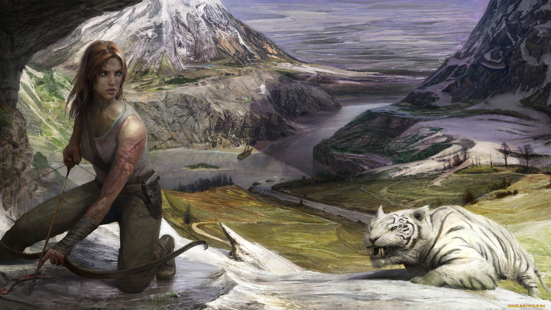 видео, игры, tomb, raider, 2013, арт, лук, тигр, горы, природа, lara, croft