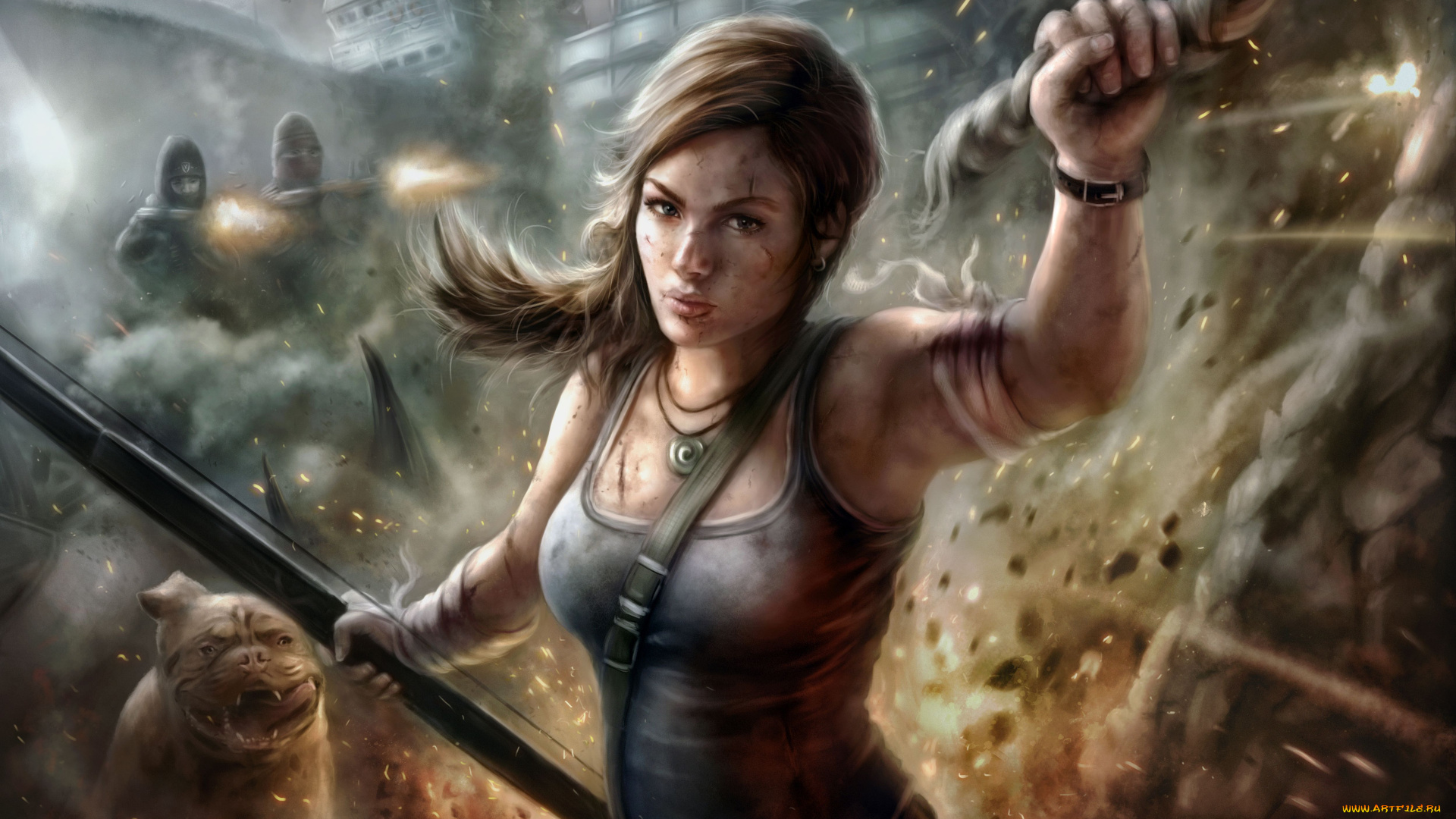 видео, игры, tomb, raider, 2013, lara, croft, собака, лук, погоня, арт