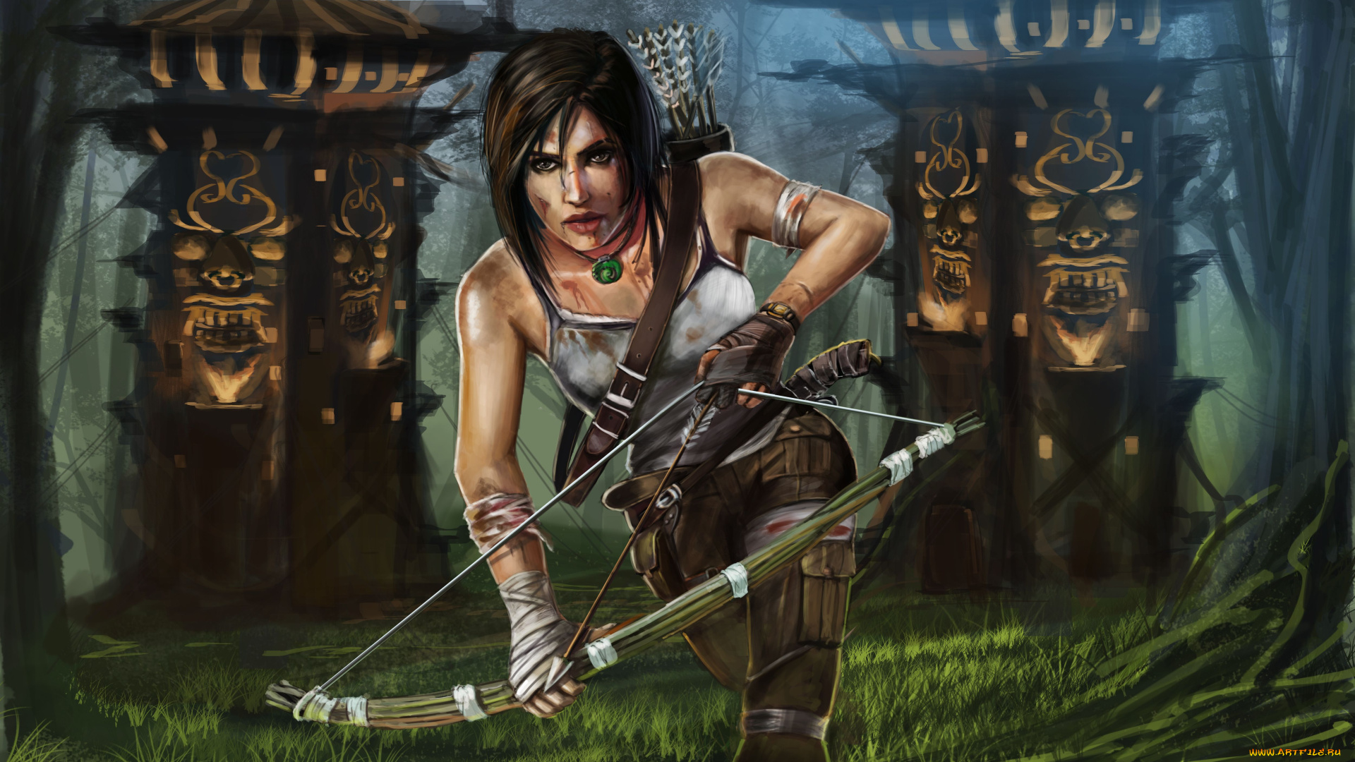 видео, игры, tomb, raider, 2013, лук, lara, croft, лес, арт