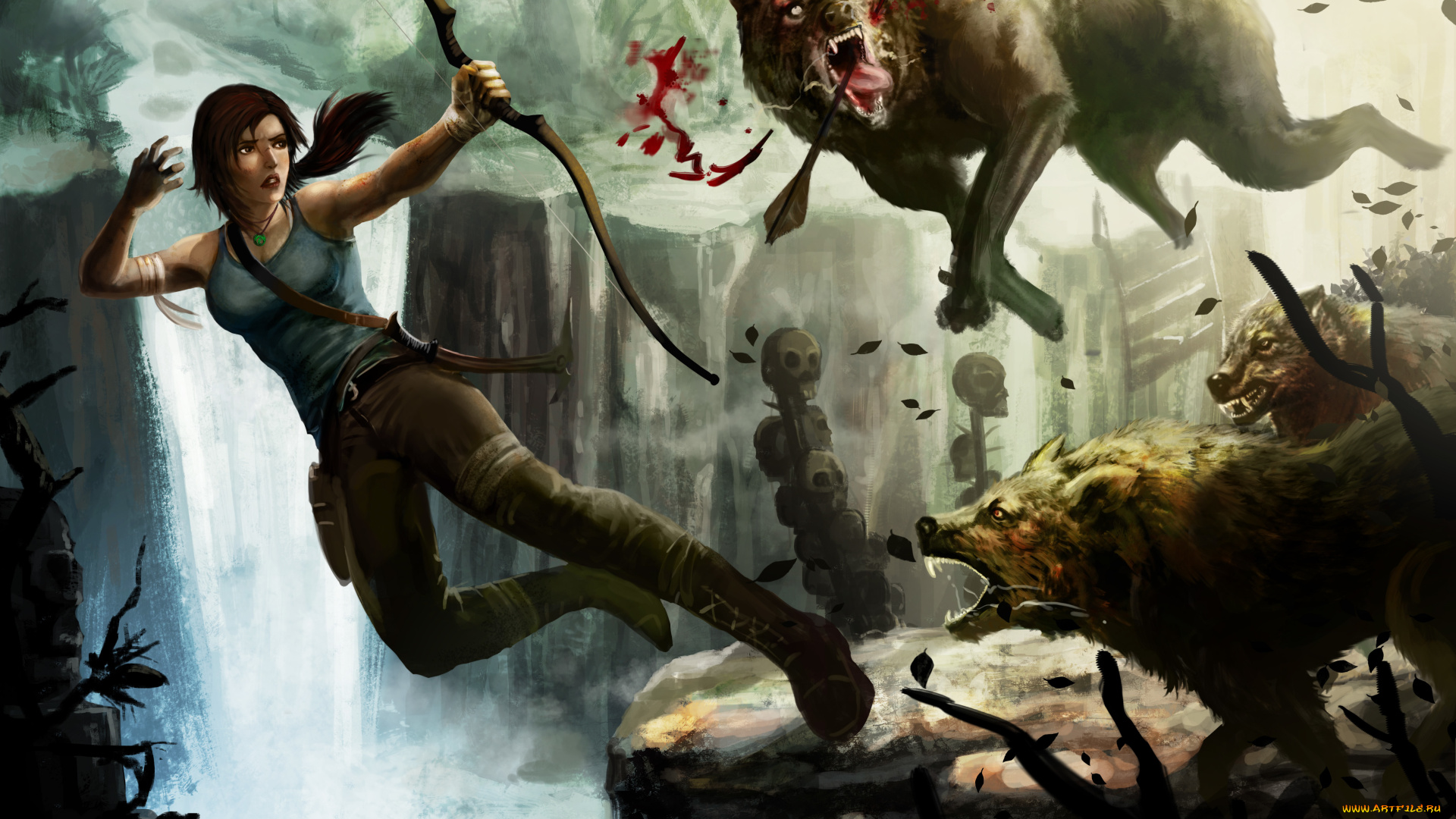 видео, игры, tomb, raider, 2013, волки, lara, croft, водопад, арт