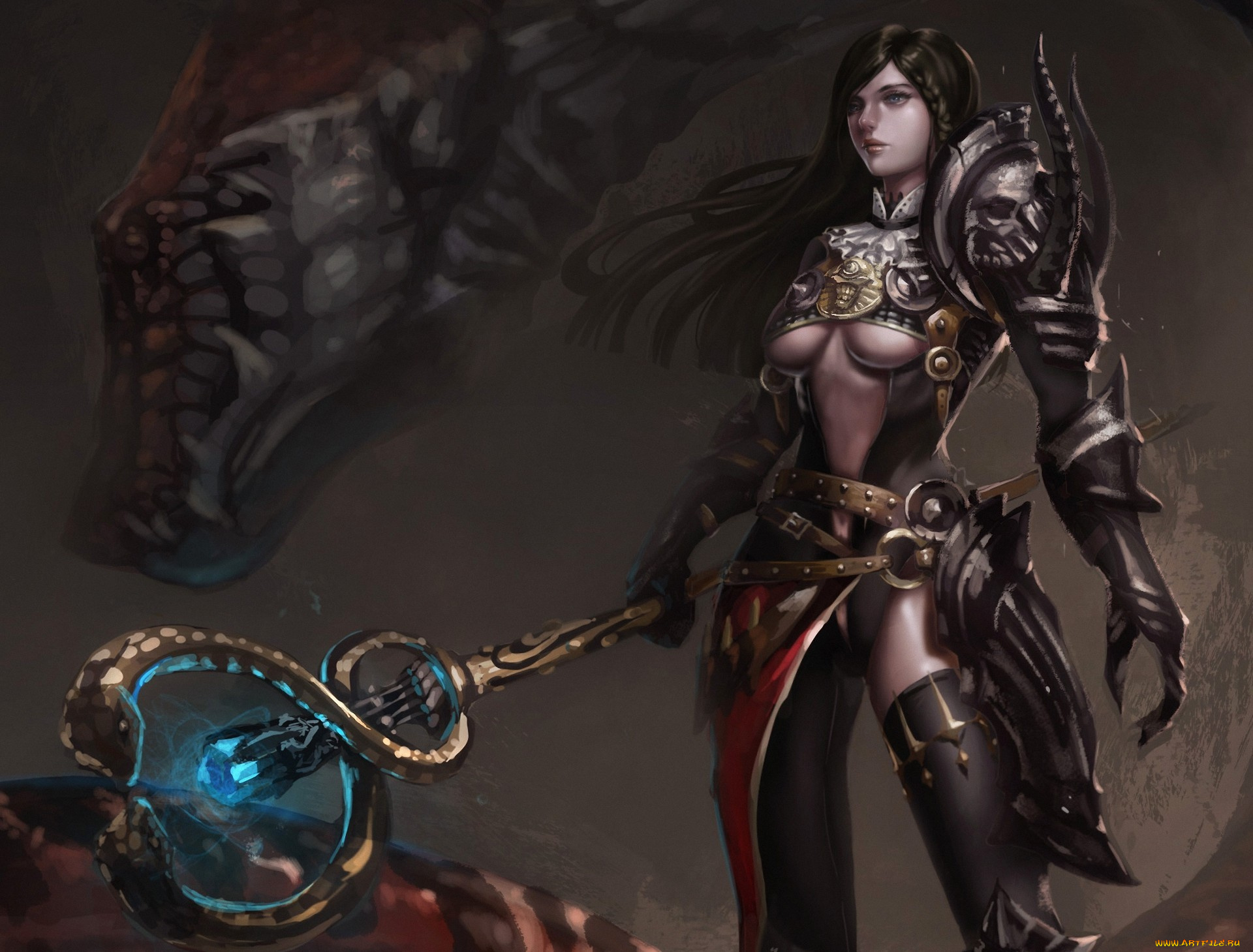 фэнтези, маги, девушка, посох, змея, монстр