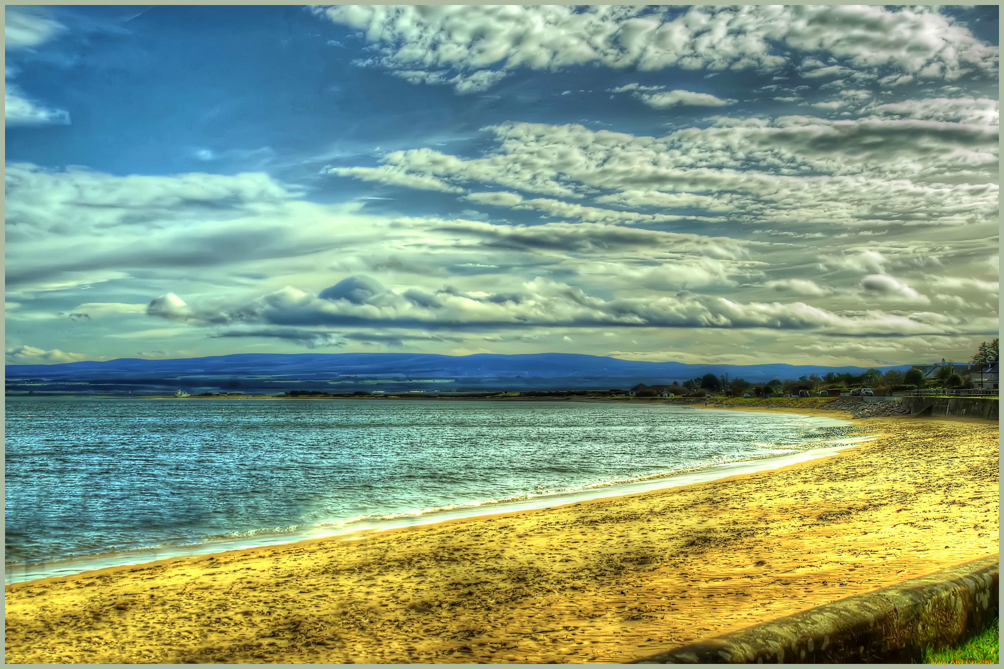 природа, побережье, тучи, песок, пляж, горы, океан