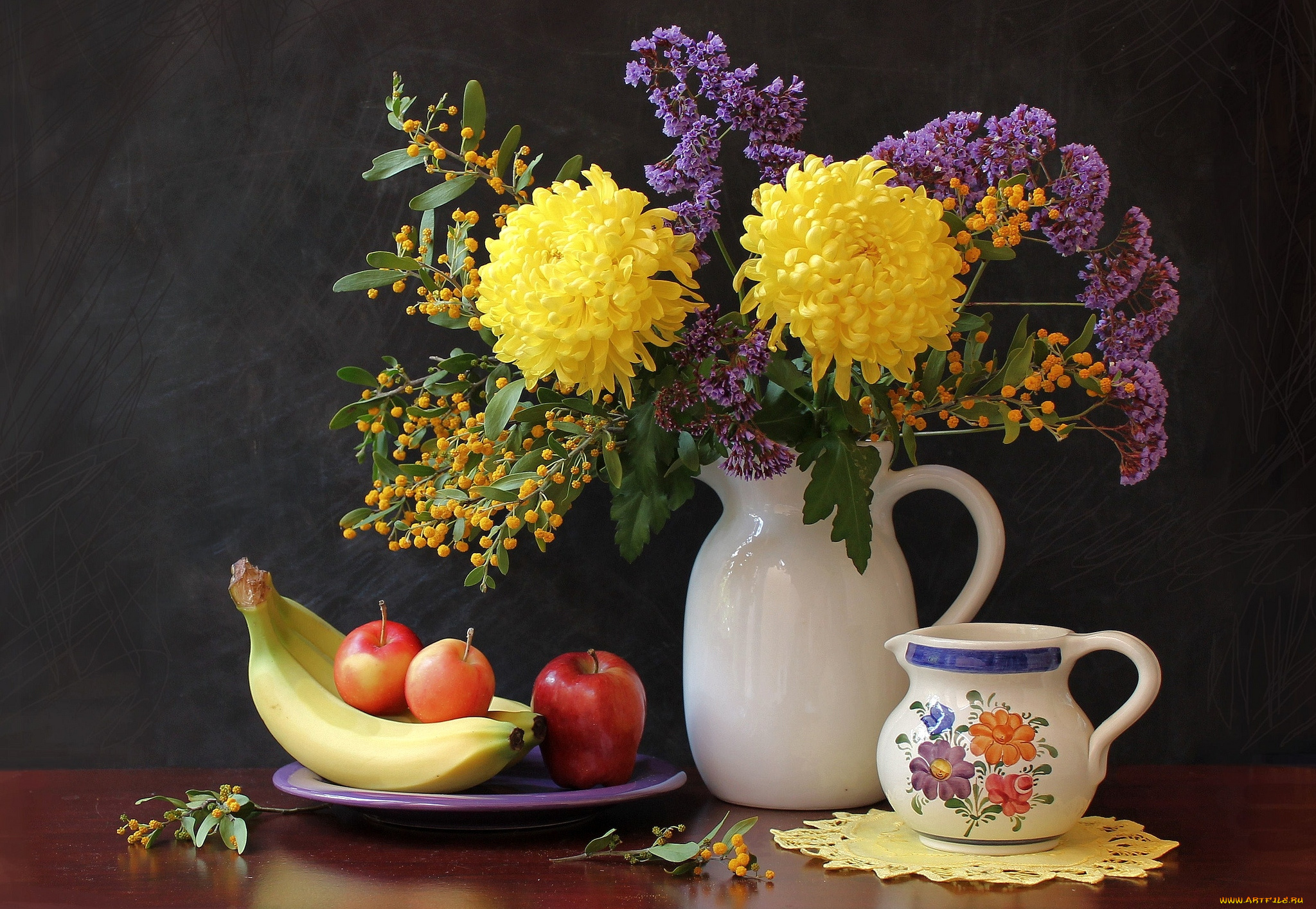 еда, натюрморт, хризантемы, бананы, яблоки, мимоза