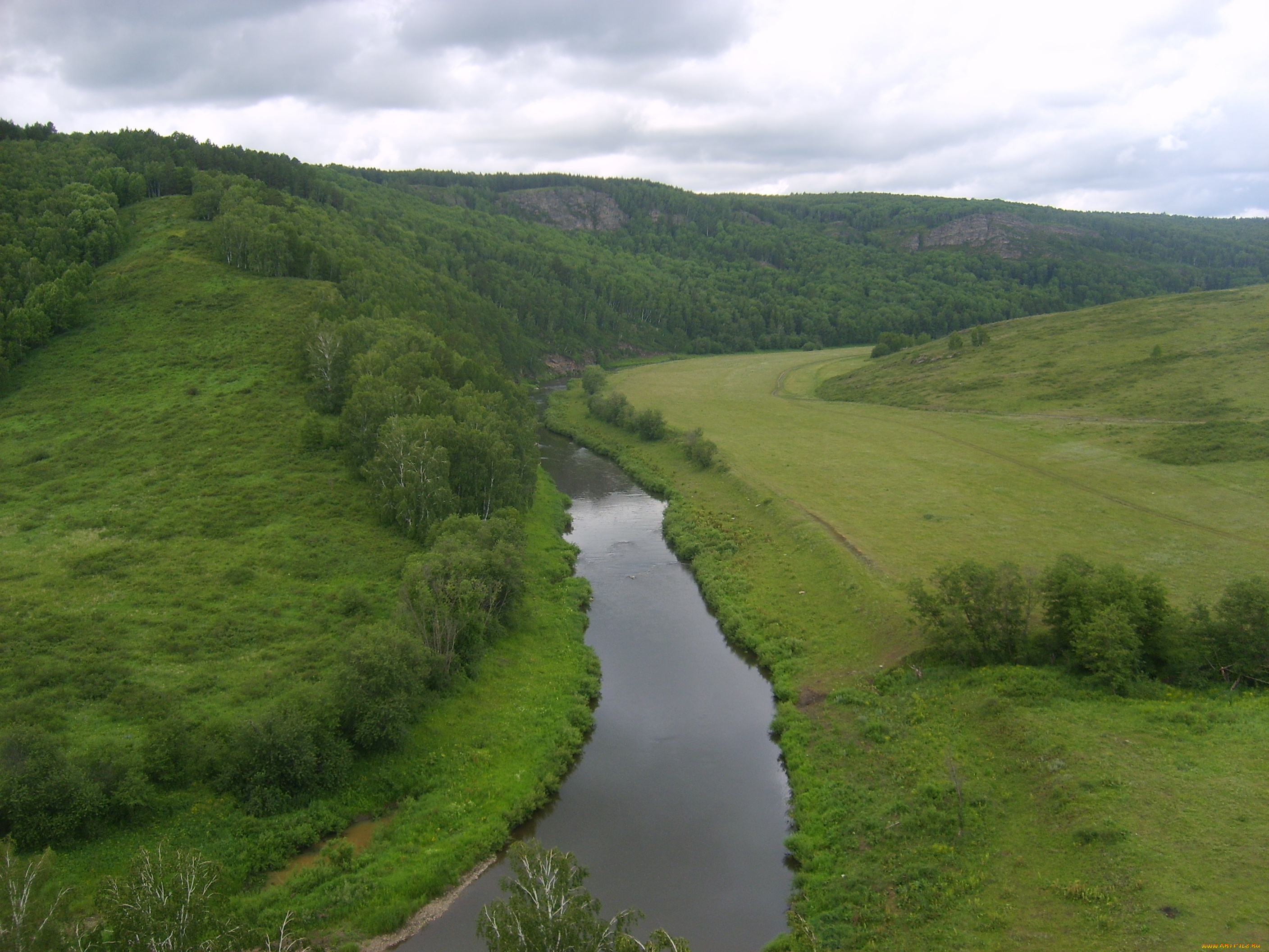 природа, реки, озера, облака, деревья, река, горы, трава