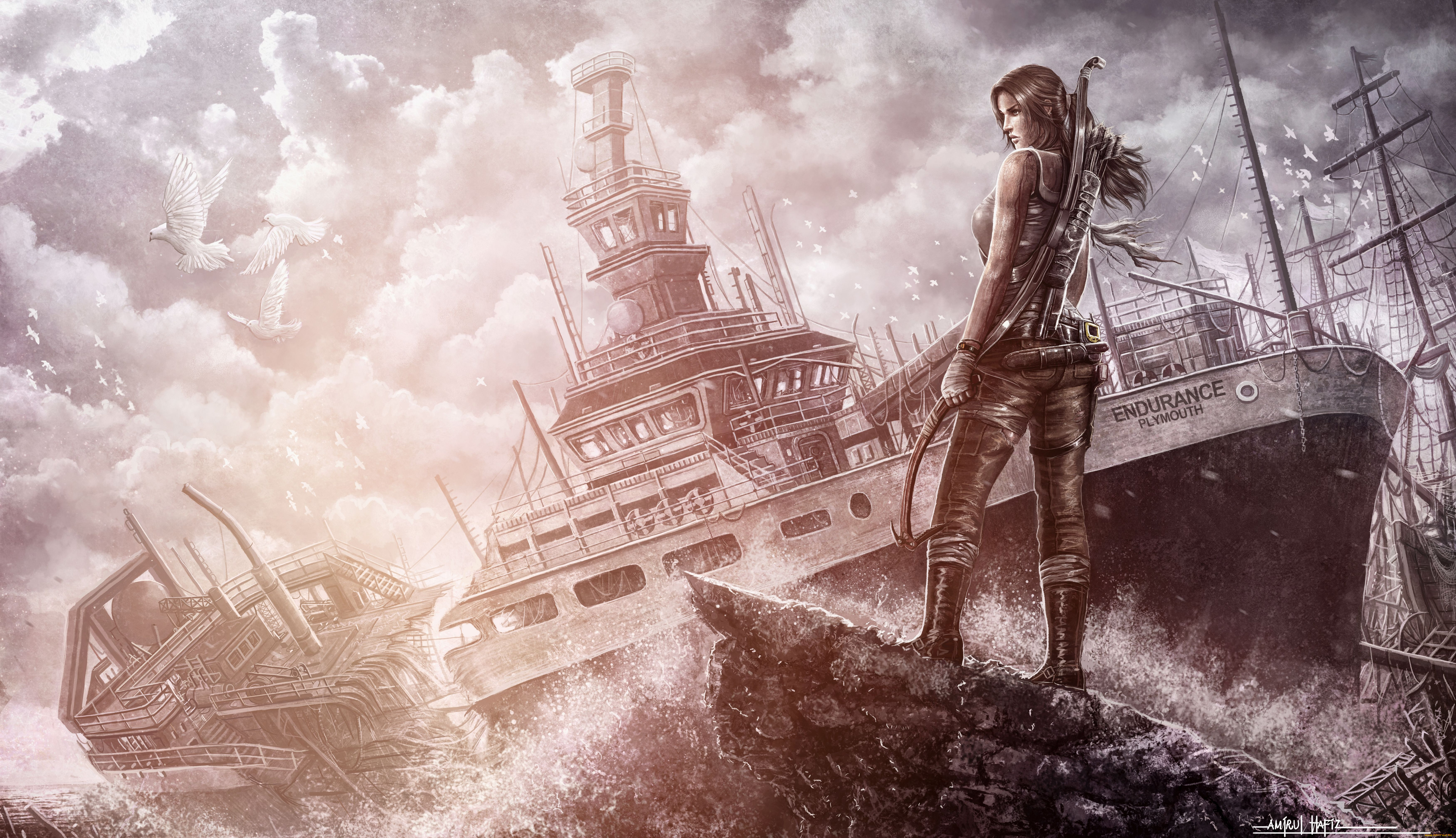 видео, игры, tomb, raider, 2013, корабли, голуби, птицы, кораблекрушение, арт, lara, croft