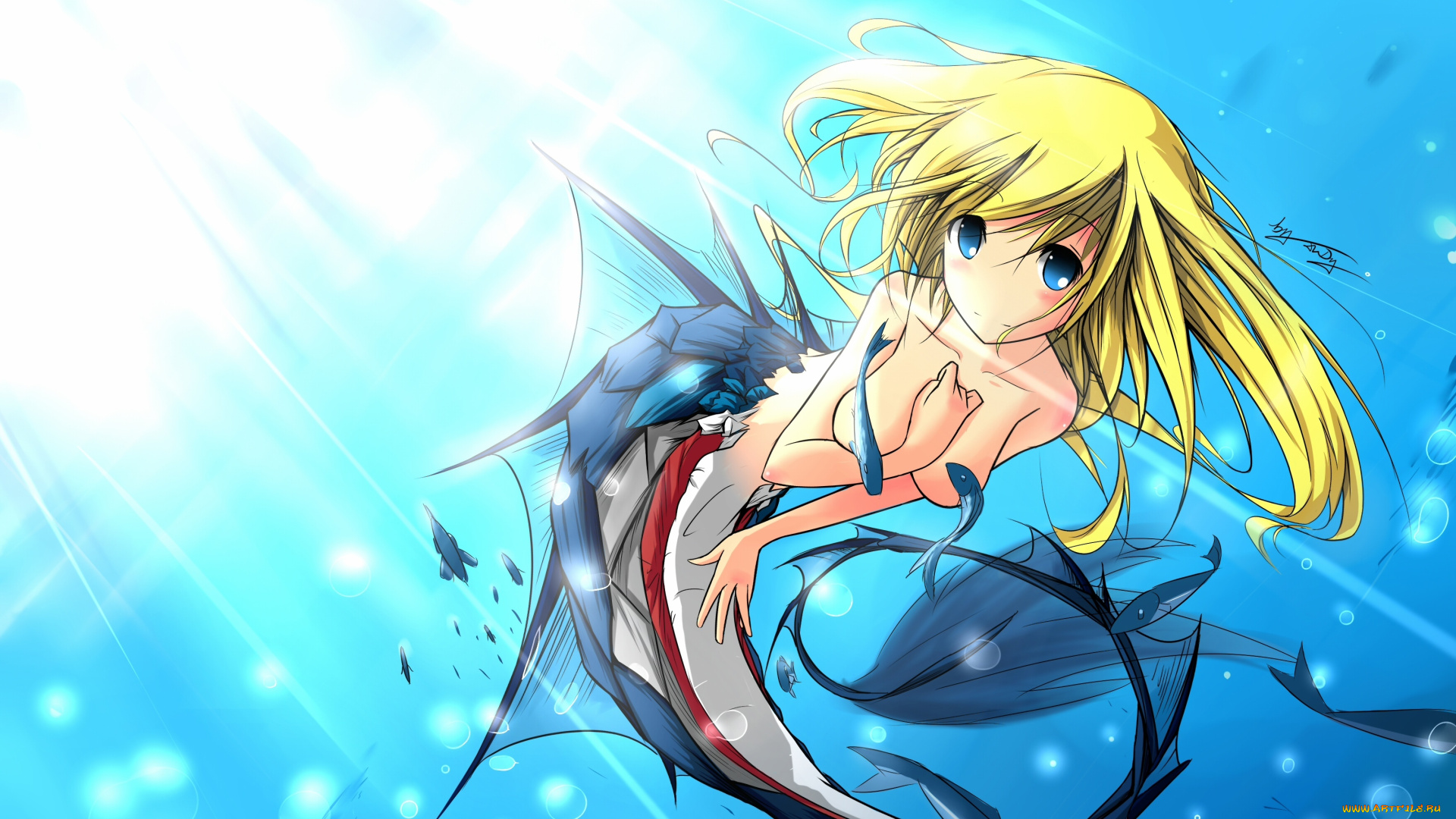 аниме, -animals, девушка, carbon, tan, вода, хвост, рыбки, русалка, под, водой, грудь, обнажена, океан