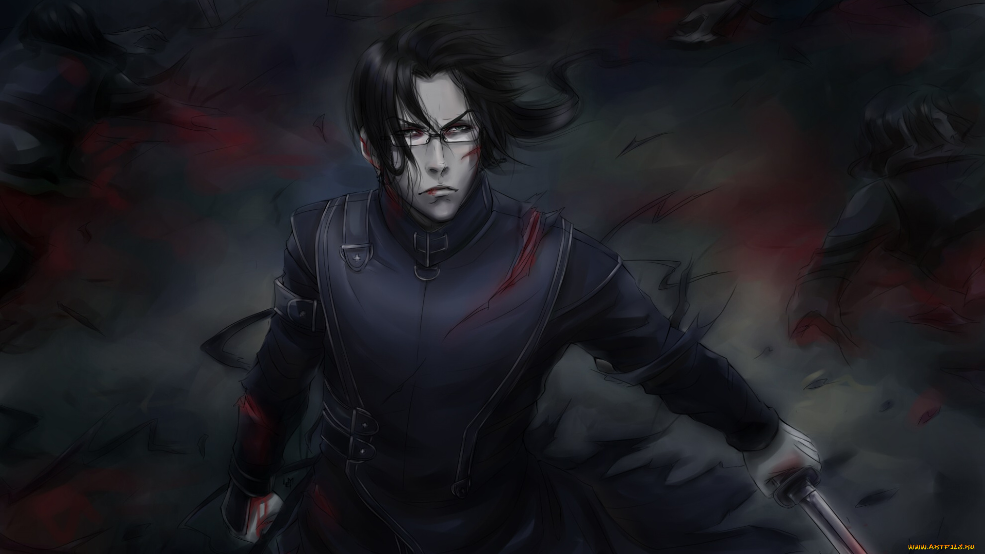 аниме, -weapon, , blood, &, technology, серьёзность, оски, мрак, раны, кровь, воин, меч, брюнет, арт, парень