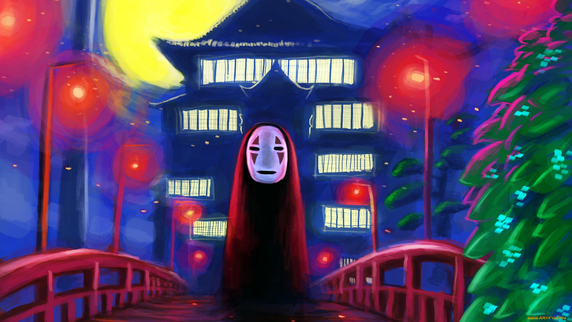 аниме, *unknown, , другое, арт, фонари, мост, луна, унесённые, дух, призраками, купальня