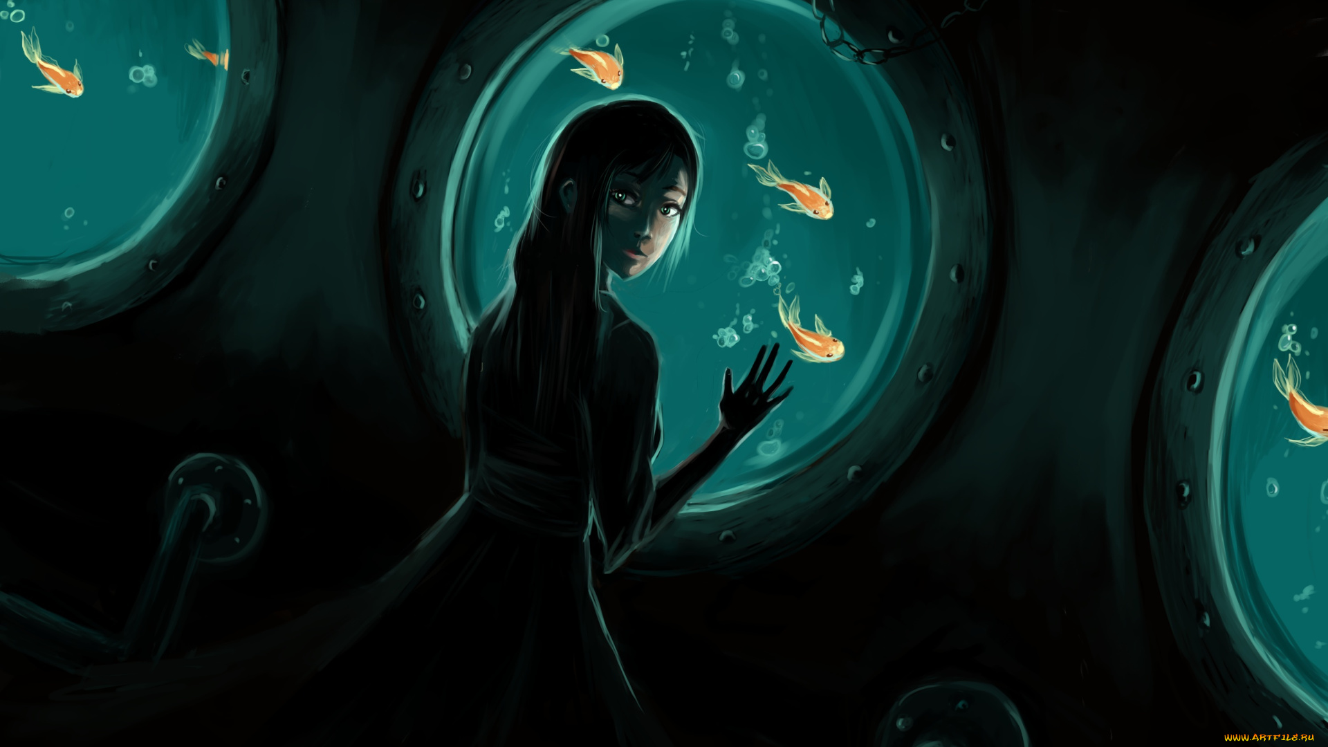 аниме, *unknown, , другое, темно, рыбки, рыбы, море, иллюминаторы, под, водой, девушка