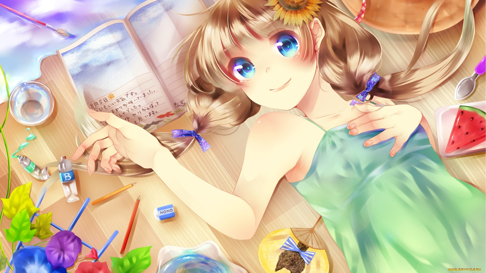 аниме, *unknown, , другое, тетрадь, девушка, шляпа, арбуз, вода, рыбка, цветы, подсолнух, аним