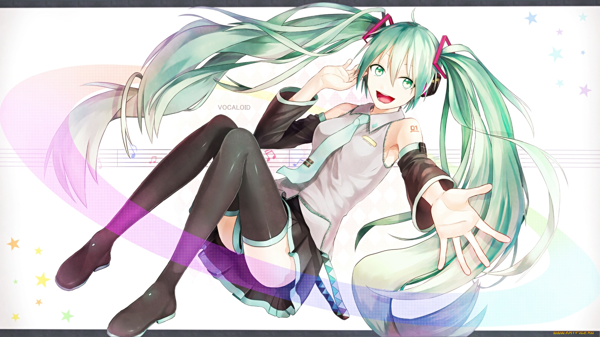 аниме, vocaloid, радость, форма, ноты, звезды, девушка, вокалоид, hatsune, miku