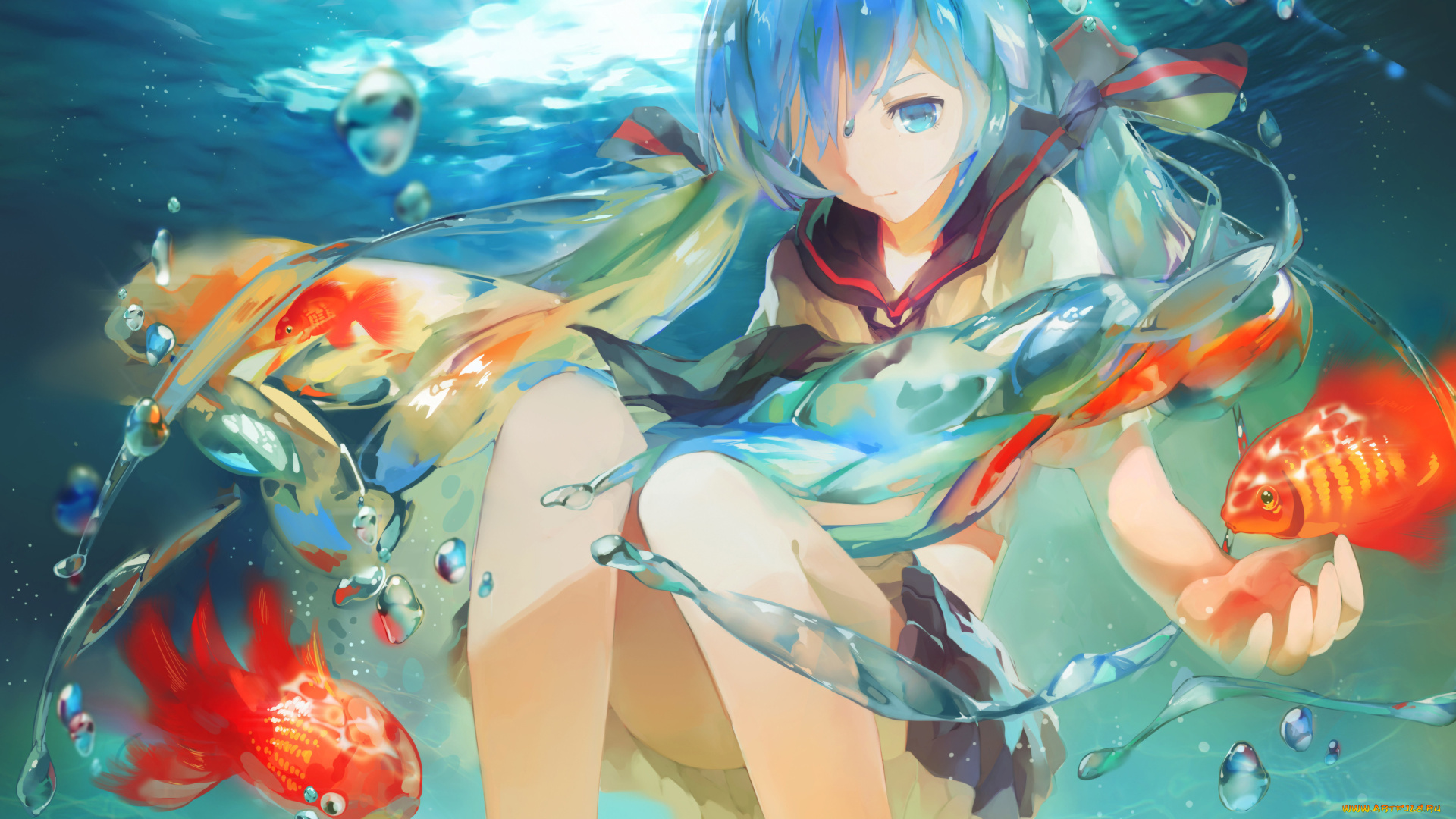 аниме, vocaloid, вокалоид, школьница, рыбки, вода, девушка, bottle, miku
