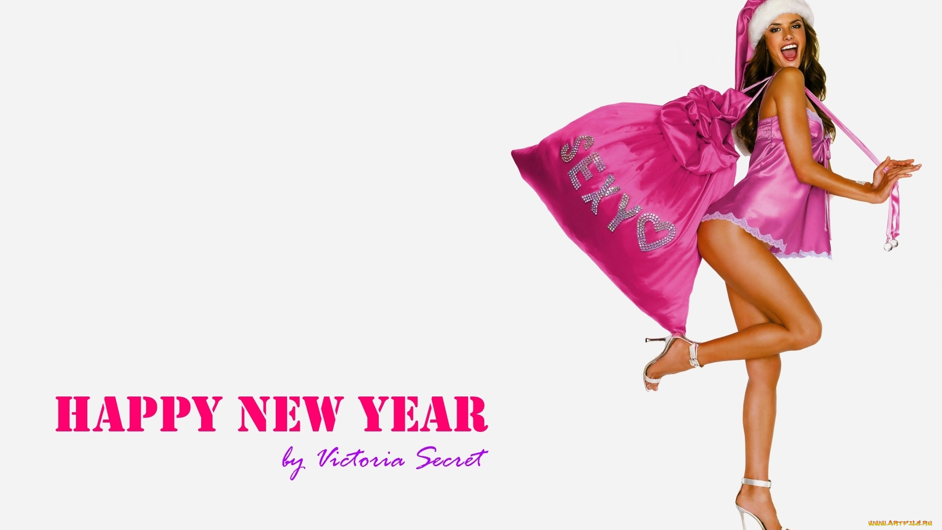 девушки, alessandra, ambrosio, alessandra, ambrosio, улыбка, мешок, босоножки, надпись, каблуки, колпак, пеньюар, поздравление, модель, новый, год, радость