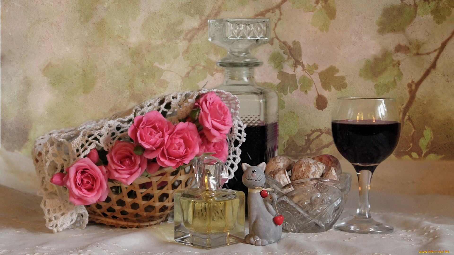 еда, натюрморт, наливка, печенье, розы, котик